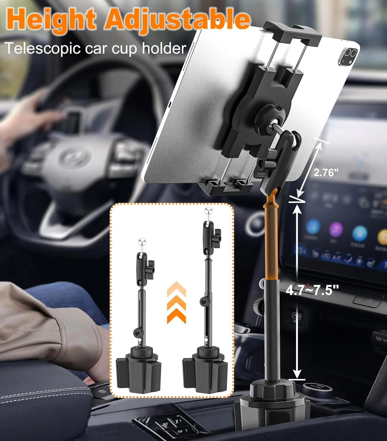 پایه نگهدارنده تبلت یوز داخل خودرو [طراحی تلسکوپی بازوی فلزی] پایه نگهدارنده آیپد داخل جا لیوانی مناسب کامیون، کاروان با بازوی بلند قابل تنظیم برای آیپد پرو ایر مینی، گلکسی تب، کیندل، فایر، گوشی و تبلت های 4 تا 13 اینچی