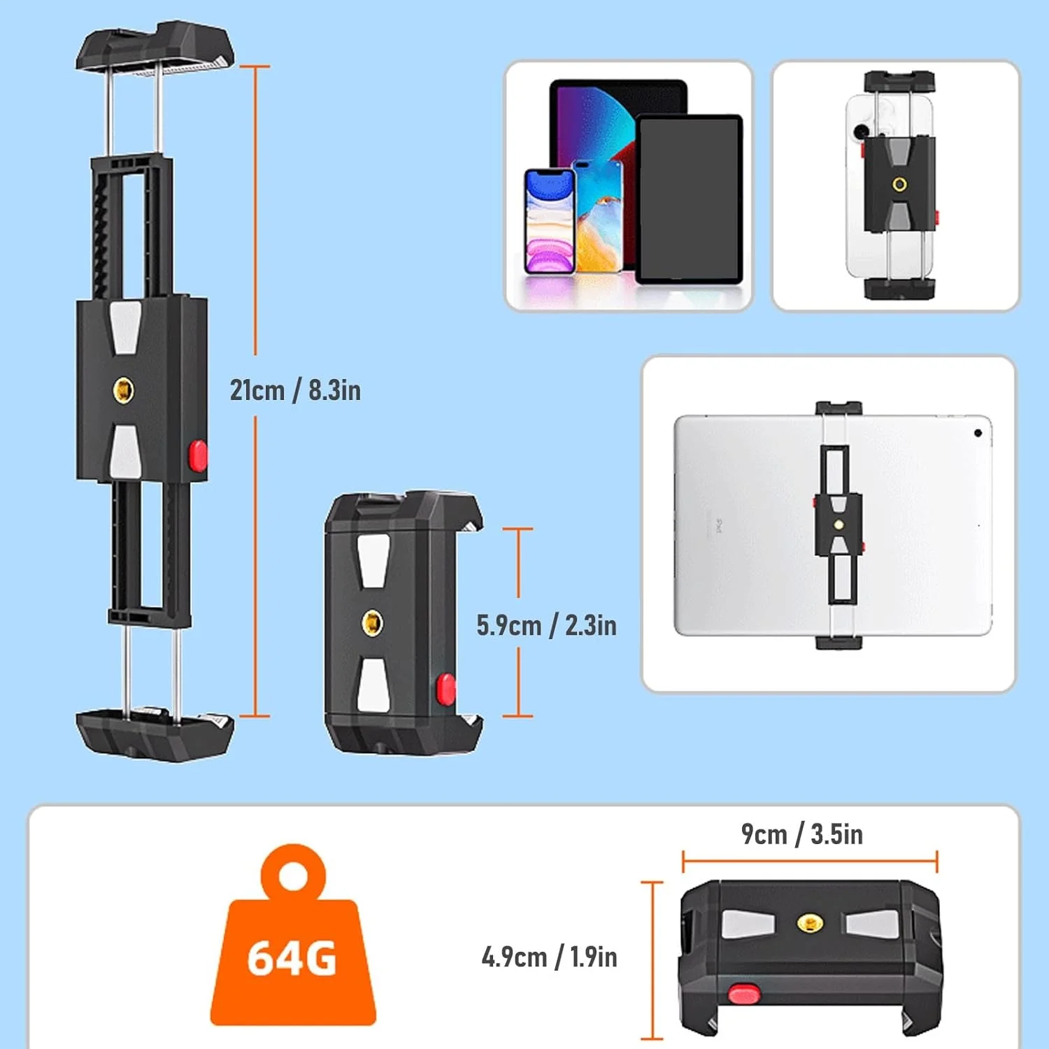 گیره تبلت و تلفن همراه، آداپتور نگهدارنده تبلت با اندازه قابل تنظیم برای تلفن های هوشمند، با مانت کفشک سرد و سوراخ های پیچ 1/4 اینچی دوتایی برای پخش زنده و ولاگ گیره تبلت و تلفن همراه، آداپتور نگهدارنده تبلت با اندازه قابل تنظیم برای تلفن های هوشمند، با مانت کفشک سرد و سوراخ های پیچ 1/4 اینچی دوتایی برای پخش زنده و ولاگ