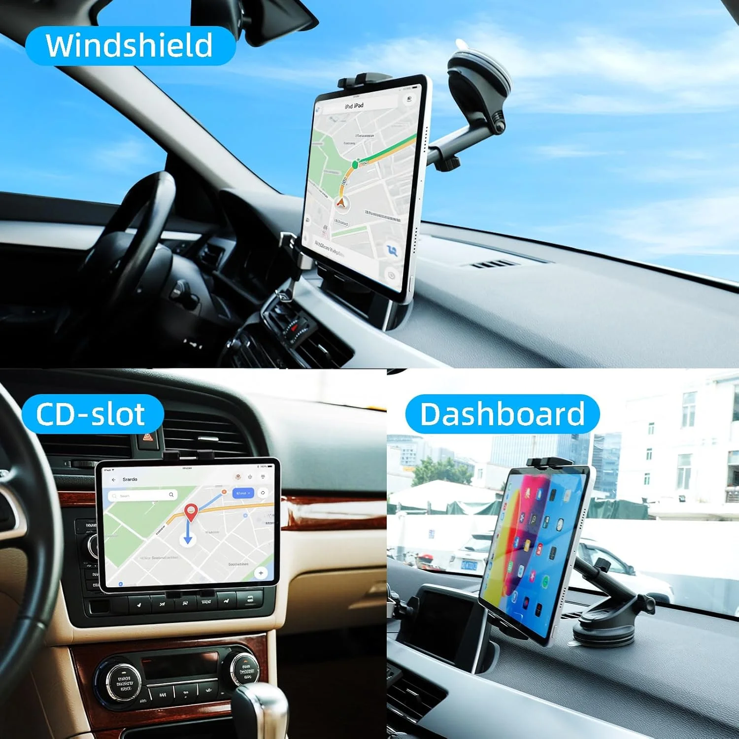 پایه نگهدارنده تبلت خودرو XIK مدل یونیورسال - پایه 2 در 1 [شیار CD + مکنده] برای شیشه جلو، داشبورد، پخش کننده CD - استند ایمن برای آیپد و تمام تبلت های 4.7 اینچ تا 12.9 اینچ