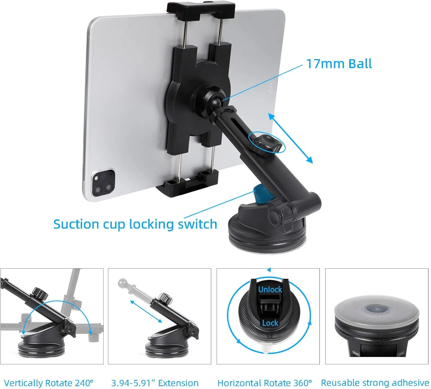 پایه نگهدارنده تبلت خودرو XIK مدل یونیورسال - پایه 2 در 1 [شیار CD + مکنده] برای شیشه جلو، داشبورد، پخش کننده CD - استند ایمن برای آیپد و تمام تبلت های 4.7 اینچ تا 12.9 اینچ
