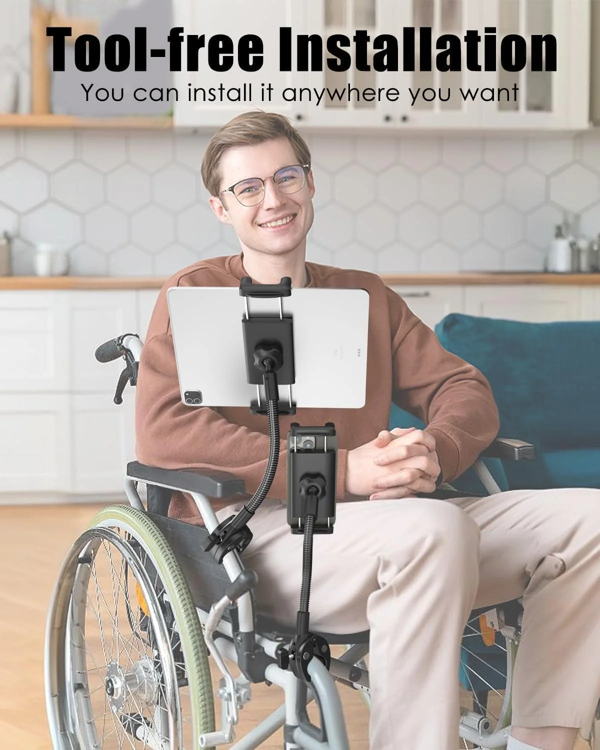 نگهدارنده تبلت برای دسته ویلچر [نسخه حرفه ای] بازوی بلند گردنی، گیره نگهدارنده تبلت ویلچر برقی برای آیپد پرو 12.9 11 ایر مینی، گلکسی تب، آیفون، دستگاه 4-13 اینچی
