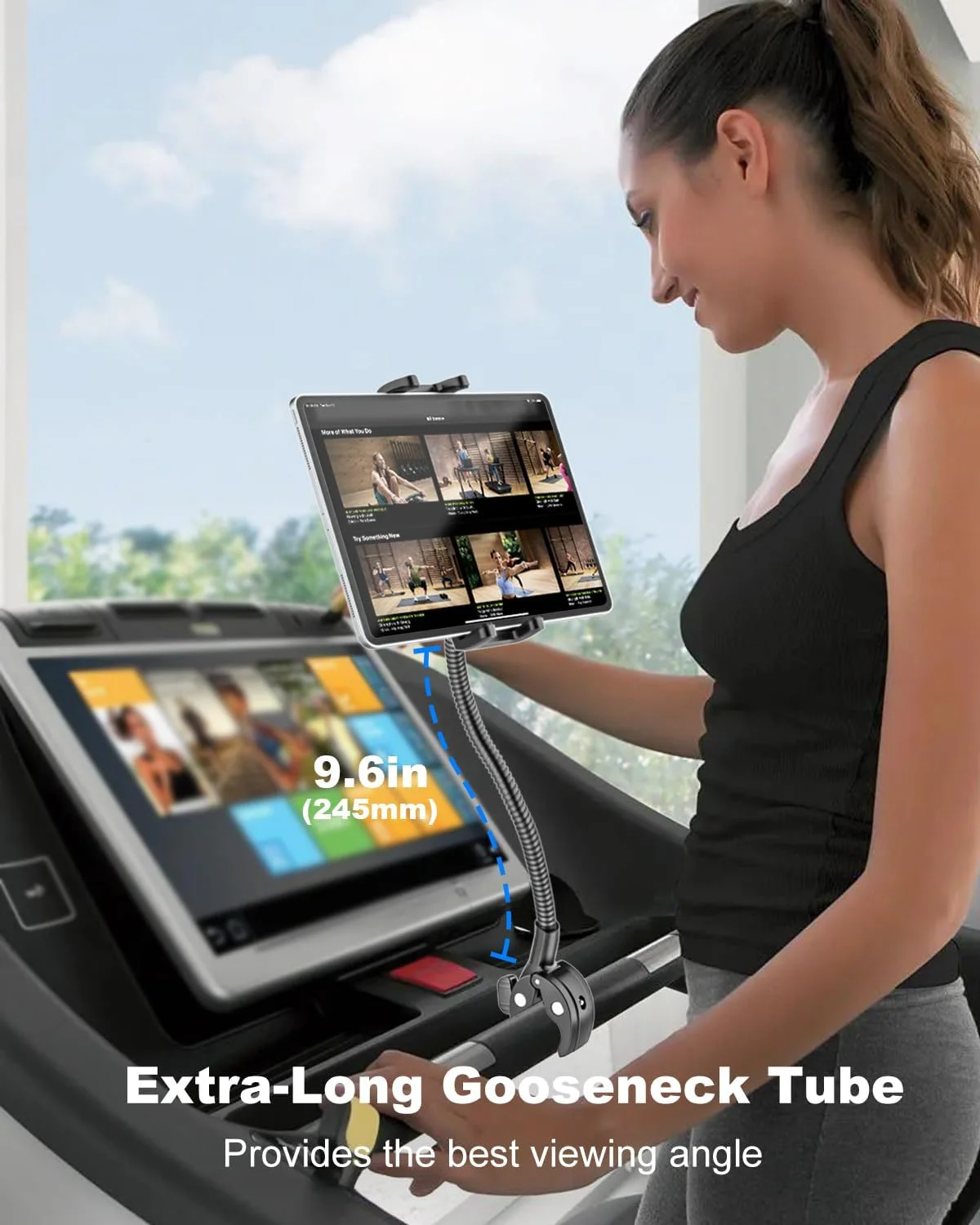 نگهدارنده تبلت گردن غازی با بازوی بلند انعطاف پذیر، پایه گیره ضد لغزش آیپد برای تردمیل/دوچرخه ثابت/کالسکه/ویلچر/الپتیکال/قایق/پایه میکروفون/پلوتون/دوچرخه ثابت داخل سالن، مناسب برای دستگاه های 4-13 اینچی