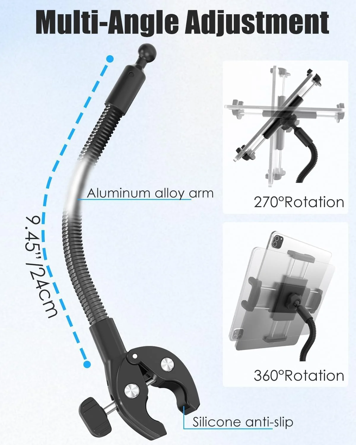 نگهدارنده تبلت برای دسته ویلچر [نسخه حرفه ای] بازوی بلند گردنی، گیره نگهدارنده تبلت ویلچر برقی برای آیپد پرو 12.9 11 ایر مینی، گلکسی تب، آیفون، دستگاه 4-13 اینچی