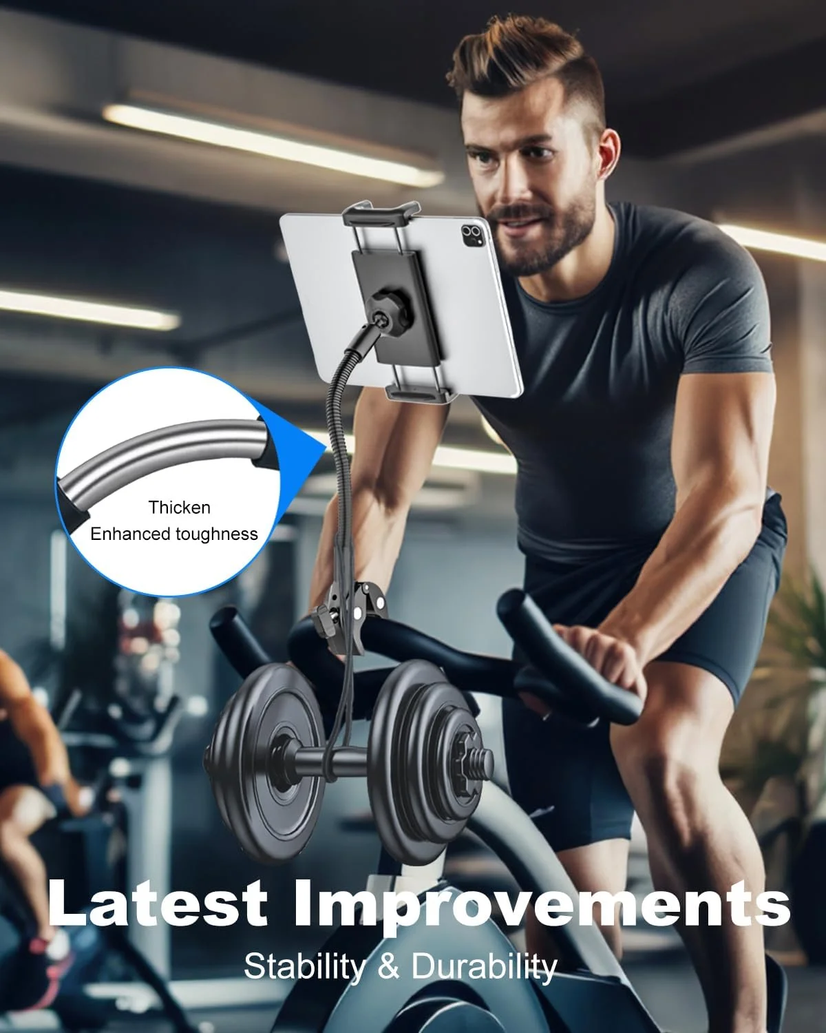 نگهدارنده تبلت گردن غازی با بازوی بلند انعطاف پذیر، پایه گیره ضد لغزش آیپد برای تردمیل/دوچرخه ثابت/کالسکه/ویلچر/الپتیکال/قایق/پایه میکروفون/پلوتون/دوچرخه ثابت داخل سالن، مناسب برای دستگاه های 4-13 اینچی