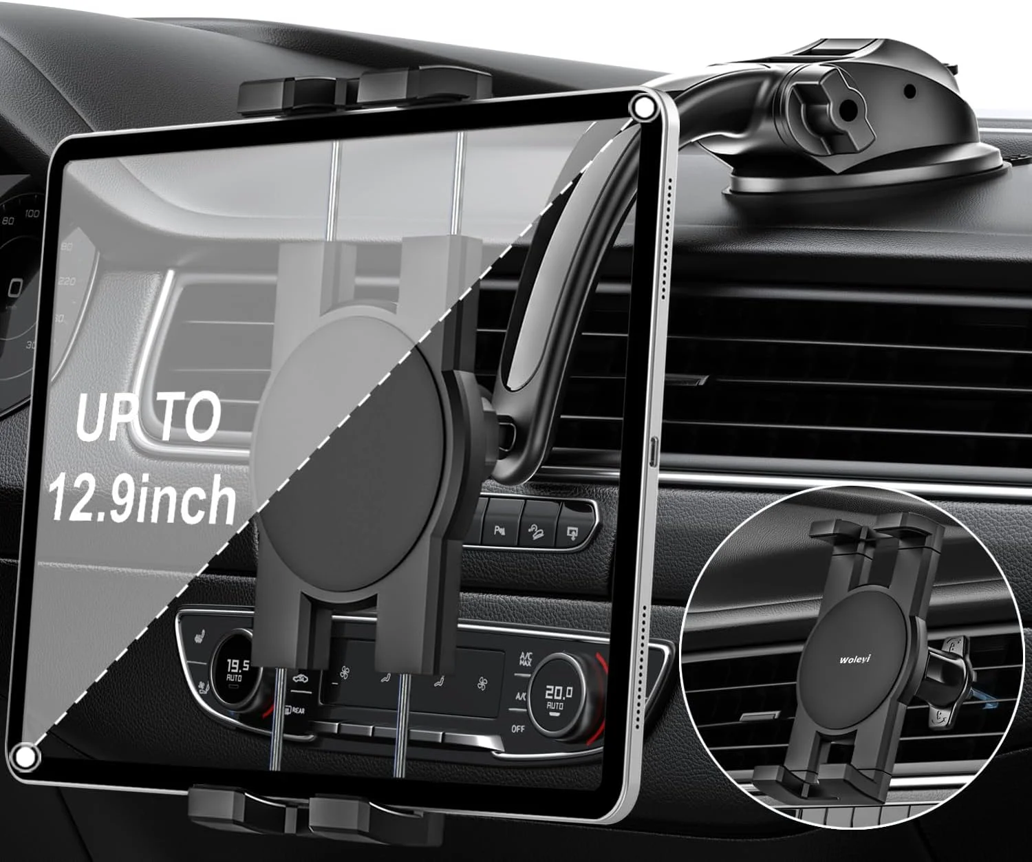 پایه نگهدارنده تبلت خودرو 3 در 1 woleyi، پایه نگهدارنده تبلت مکنده قوی جهانی برای داشبورد خودرو، شیشه جلو، دریچه هوا، سازگار با آیپد پرو/ایر/مینی، تب های گلکسی، تلفن های همراه و تبلت های 4-12.9 اینچی