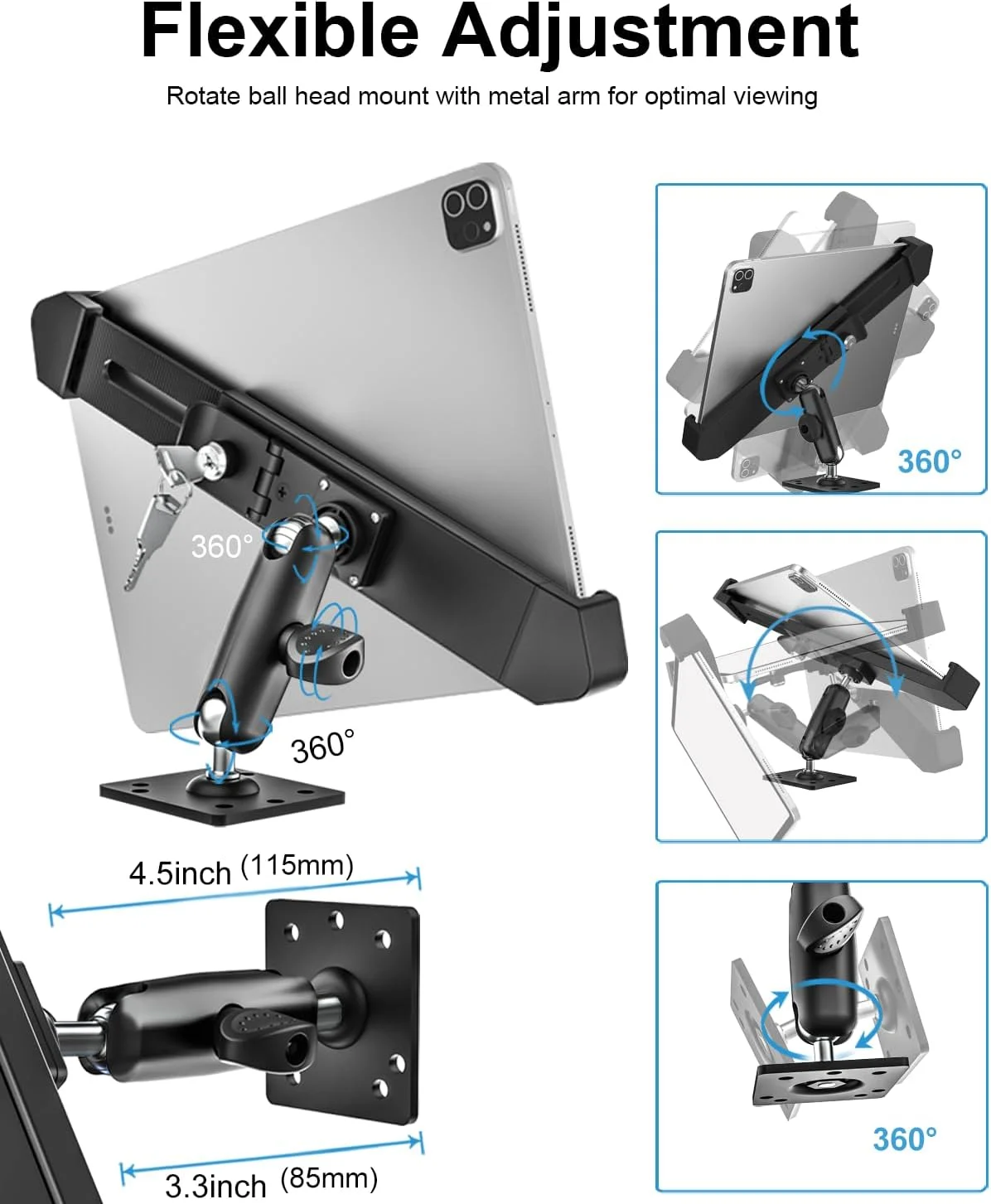 پایه نگهدارنده تبلت ضد سرقت و بسیار مقاوم وولیی، قابل نصب روی داشبورد خودرو/کامیون با قفل و کلید امنیتی، سازگار با آیپد پرو/ایر/مینی، تبلت های گلکسی و سایر تبلت های 7 تا 11 اینچی