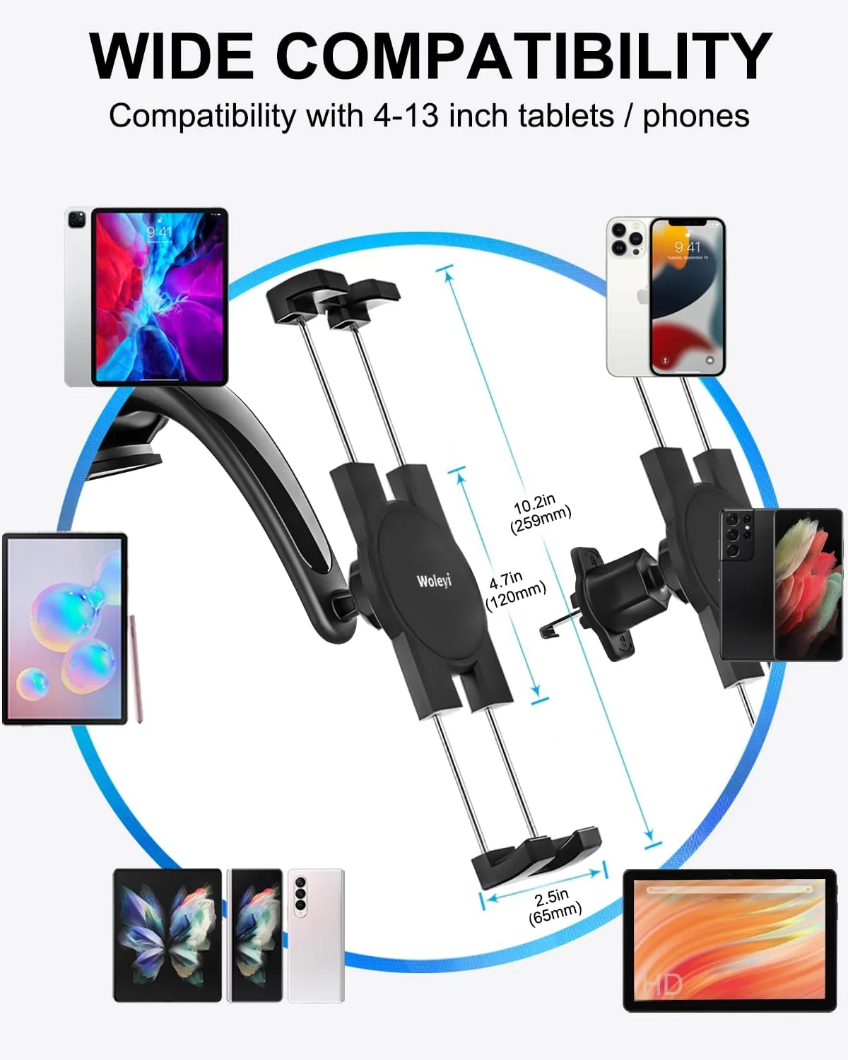 پایه نگهدارنده تبلت خودرو 3 در 1 woleyi، پایه نگهدارنده تبلت مکنده قوی جهانی برای داشبورد خودرو، شیشه جلو، دریچه هوا، سازگار با آیپد پرو/ایر/مینی، تب های گلکسی، تلفن های همراه و تبلت های 4-12.9 اینچی