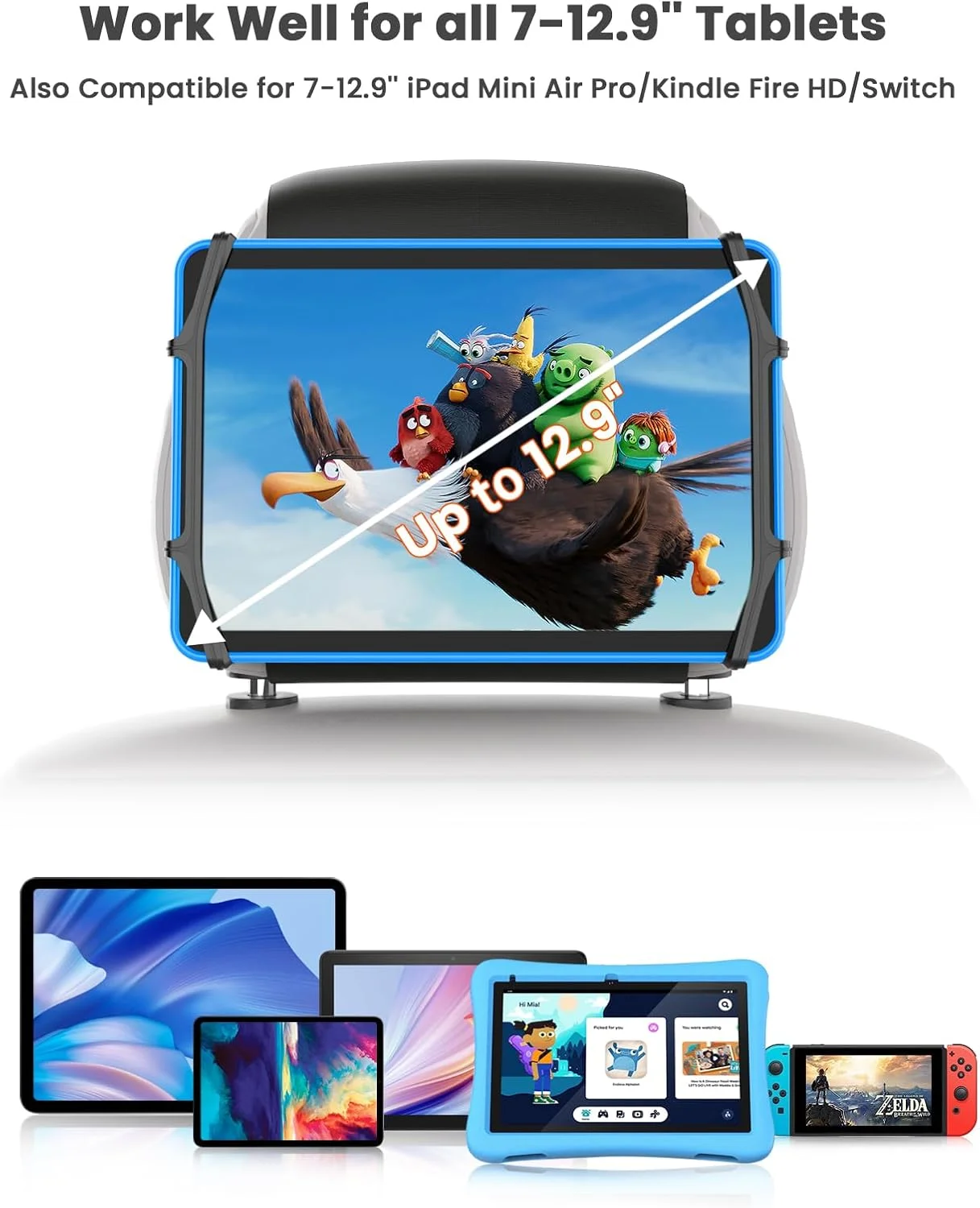 نگهدارنده تبلت صندلی عقب خودرو ونی، پایه تبلت برای پشت صندلی ماشین، نگهدارنده تبلت ماشین برای کودکان با بند ضد لغزش و توری نگهدارنده سیلیکونی / مناسب برای همه تبلت های 7-10.5 اینچی