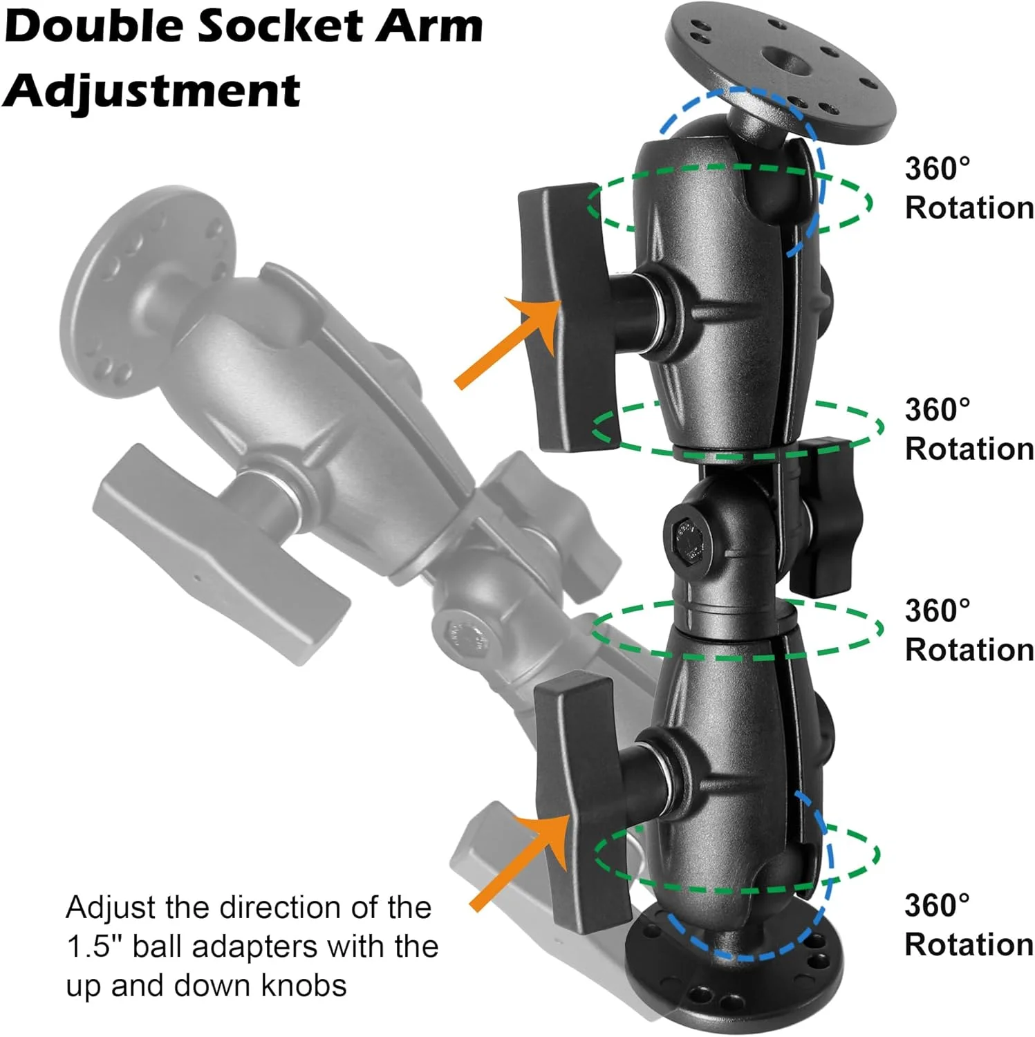 پایه توپی دوبل 1.5 اینچی با دو صفحه گرد AMPS، پایه تبلت، پایه ماهی یاب، بازوی جغجغه ای گردان با اندازه 1.5 اینچ / 38 میلی متر / C، سازگار با RAM، Arkon، iBolt و غیره