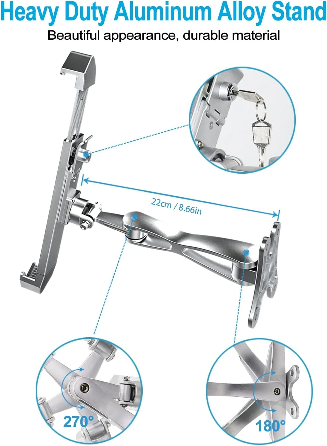 پایه دیواری تبلت ضد سرقت وولیی برای تبلت‌های 7 تا 11 اینچی، پایه نگهدارنده تبلت چرخشی 360 درجه با قفل و کلید امنیتی، سازگار با آیپد پرو 9.7/10.5/11، ایر، مینی، گلکسی تب