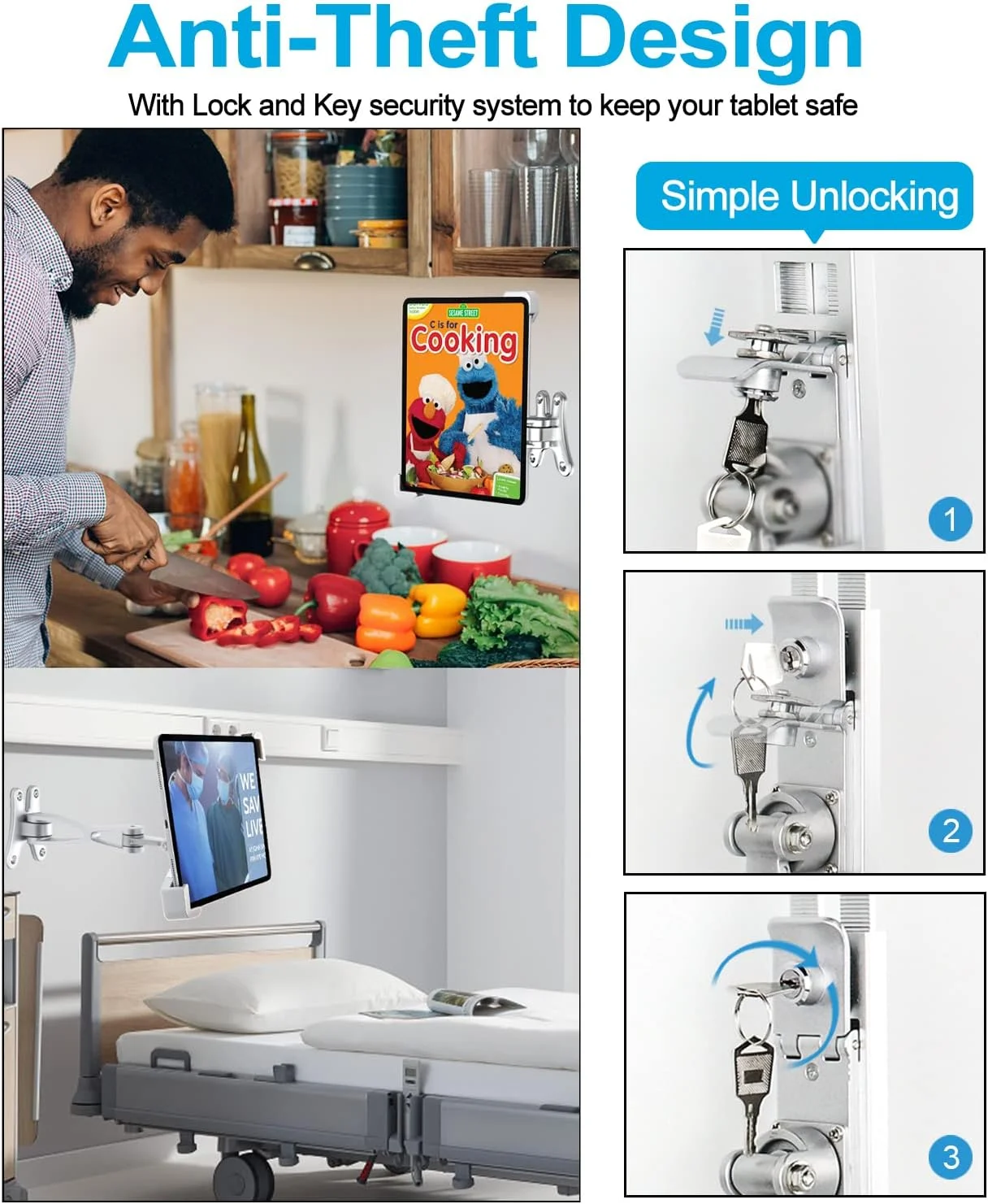 پایه دیواری تبلت ضد سرقت وولیی برای تبلت‌های 7 تا 11 اینچی، پایه نگهدارنده تبلت چرخشی 360 درجه با قفل و کلید امنیتی، سازگار با آیپد پرو 9.7/10.5/11، ایر، مینی، گلکسی تب