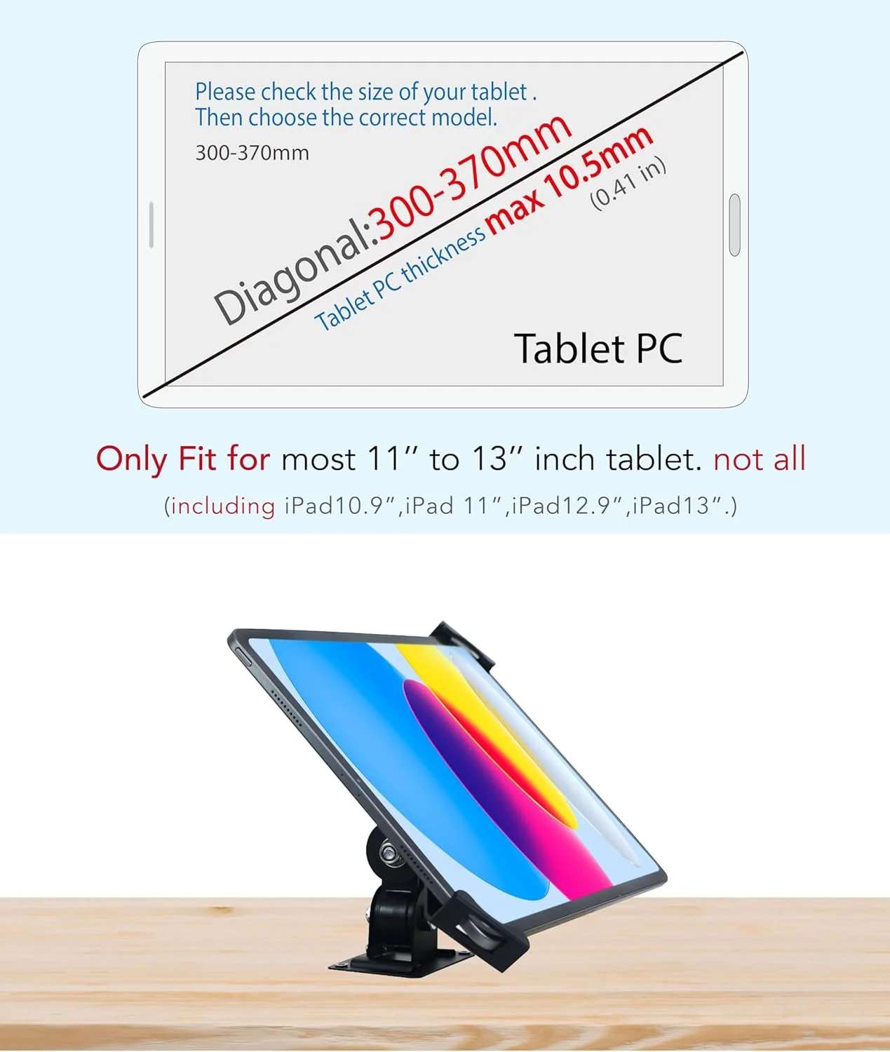 پایه دیواری تبلت با قفل و کلید، چرخش و تنظیم دلخواه، چند زاویه، براکت برای اکثر تبلت های 11 تا 13 اینچی و برای آیپد و گلکسی تب 10.2، 10.5، 10.9، 11، 12.9 اینچی و غیره (مشکی) پایه دیواری تبلت با قفل و کلید، چرخش و تنظیم دلخواه، چند زاویه، براکت برای اکثر تبلت های 11 تا 13 اینچی و برای آیپد و گلکسی تب 10.2، 10.5، 10.9، 11، 12.9 اینچی و غیره (مشکی)