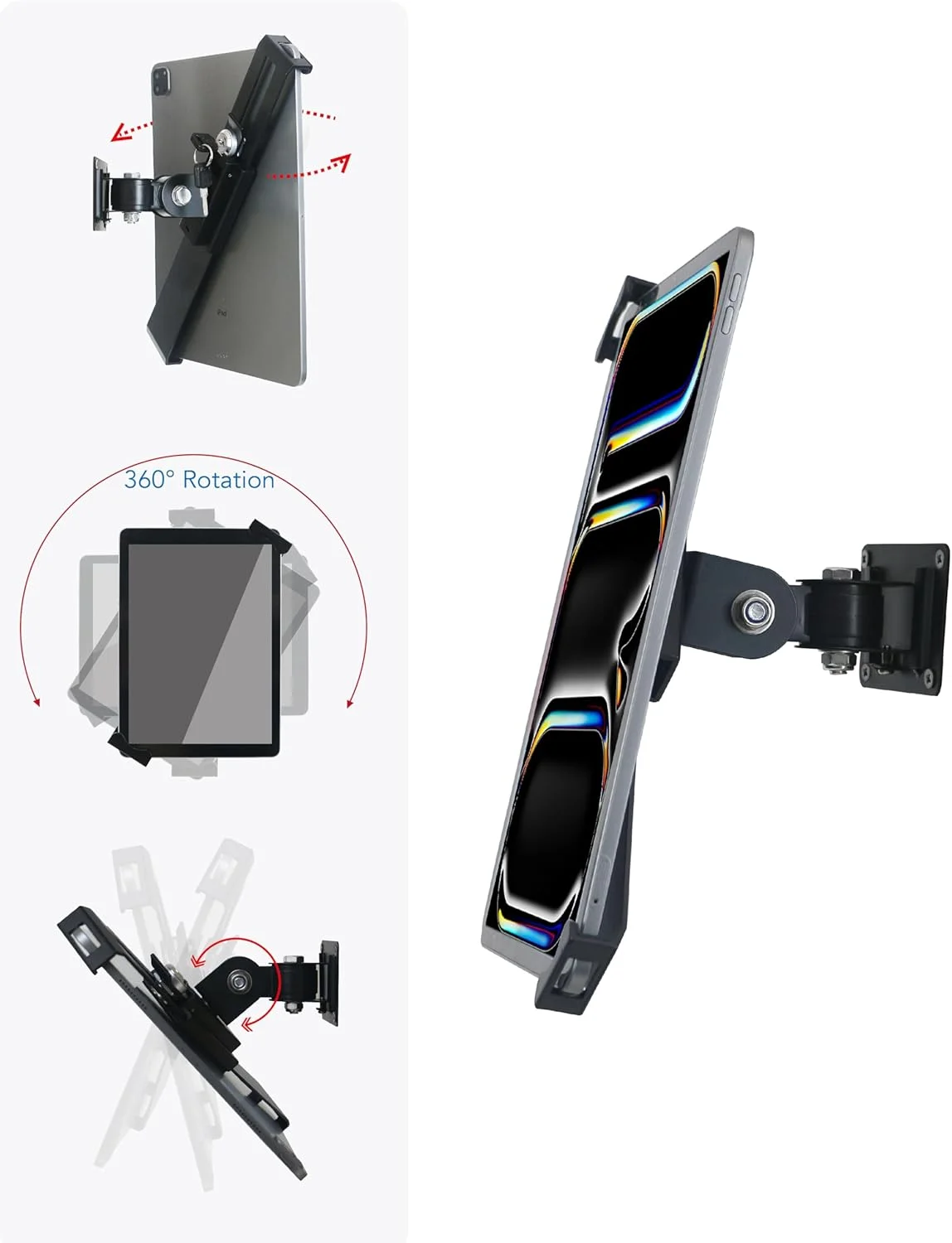 پایه دیواری تبلت با قفل و کلید، چرخش و تنظیم دلخواه، چند زاویه، براکت برای اکثر تبلت های 11 تا 13 اینچی و برای آیپد و گلکسی تب 10.2، 10.5، 10.9، 11، 12.9 اینچی و غیره (مشکی) پایه دیواری تبلت با قفل و کلید، چرخش و تنظیم دلخواه، چند زاویه، براکت برای اکثر تبلت های 11 تا 13 اینچی و برای آیپد و گلکسی تب 10.2، 10.5، 10.9، 11، 12.9 اینچی و غیره (مشکی)