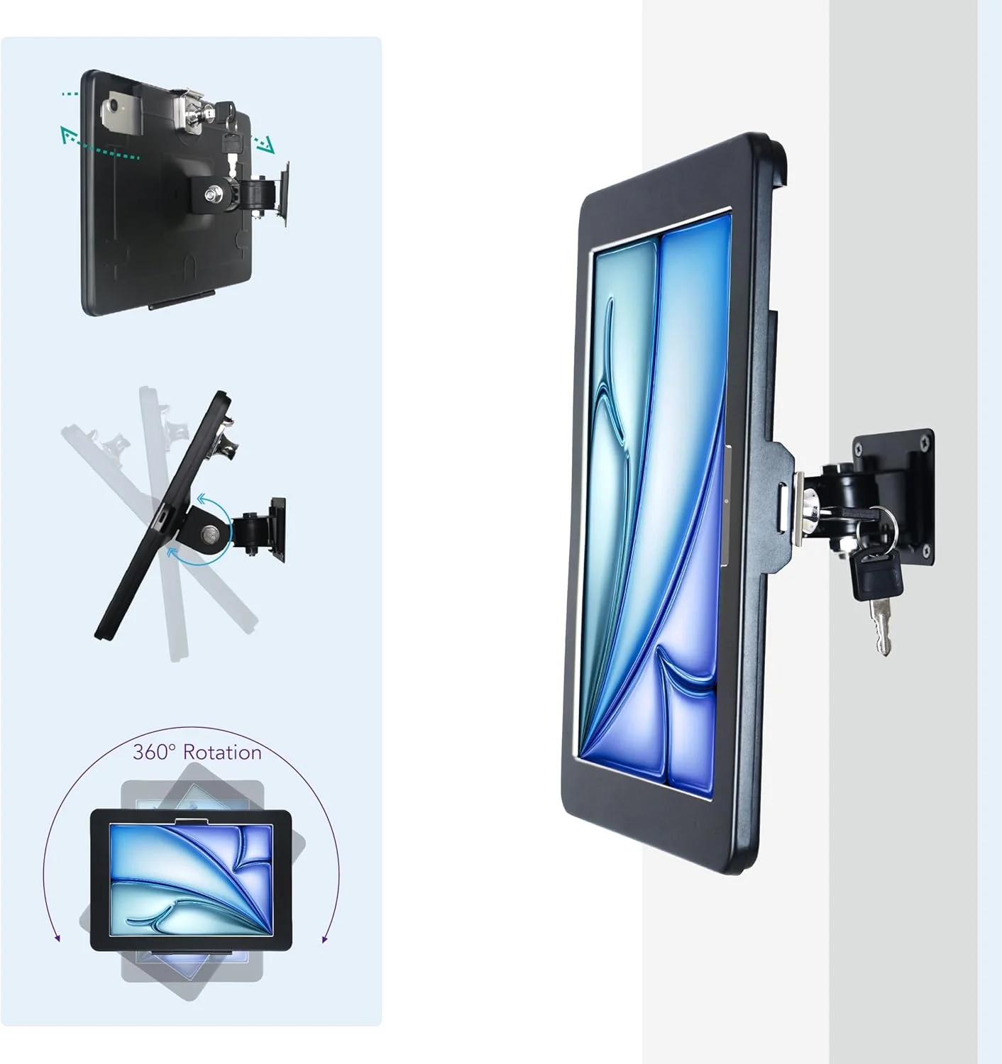 براکت دیواری برای آیپد ایر ۱۱ اینچی M3 2025 و M2 2024 (نسل هفتم/ششم آیپد ایر)، به جز سایر ۱۱ اینچی ها، با قفل و کلید، طراحی چند زاویه ای، فلزی (مشکی) براکت دیواری برای آیپد ایر ۱۱ اینچی M3 2025 و M2 2024 (نسل هفتم/ششم آیپد ایر)، به جز سایر ۱۱ اینچی ها، با قفل و کلید، طراحی چند زاویه ای، فلزی (مشکی)