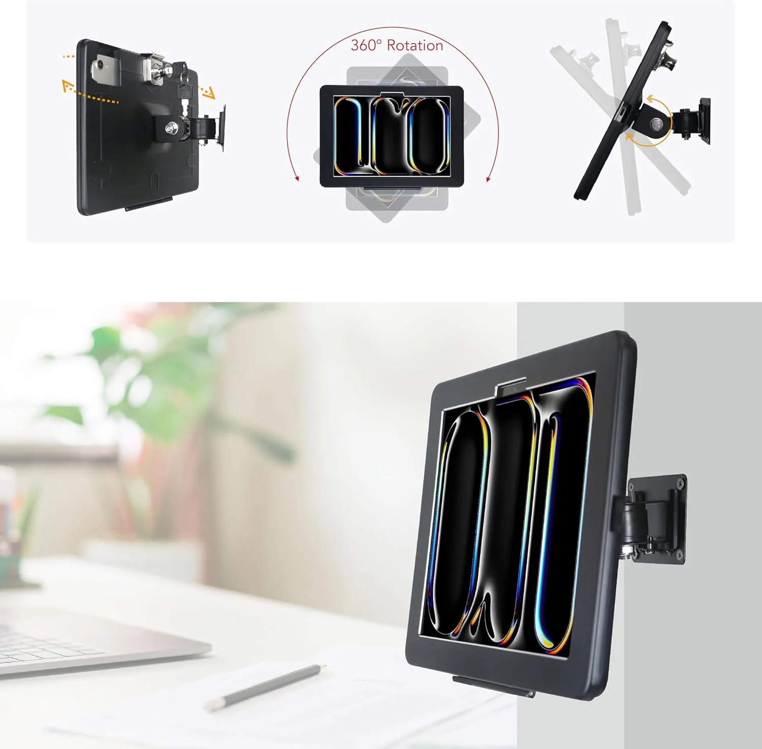 پایه دیواری برای آیپد پرو ۱۱ اینچی (M4) ۲۰۲۴، به جز سایر آیپد های ۱۱ اینچی، با قفل و کلید، طراحی چند زاویه ای، فلزی، (مشکی)