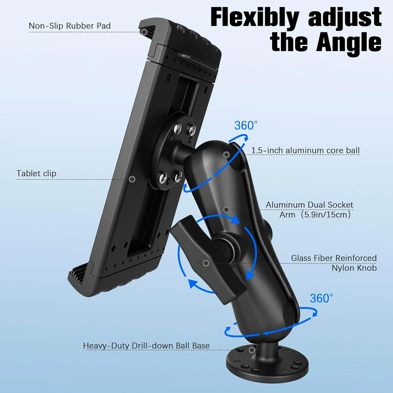 پایه تبلت آلومینیومی سنگین برای کامیون، هولدر تبلت با پایه دریل برای خودرو