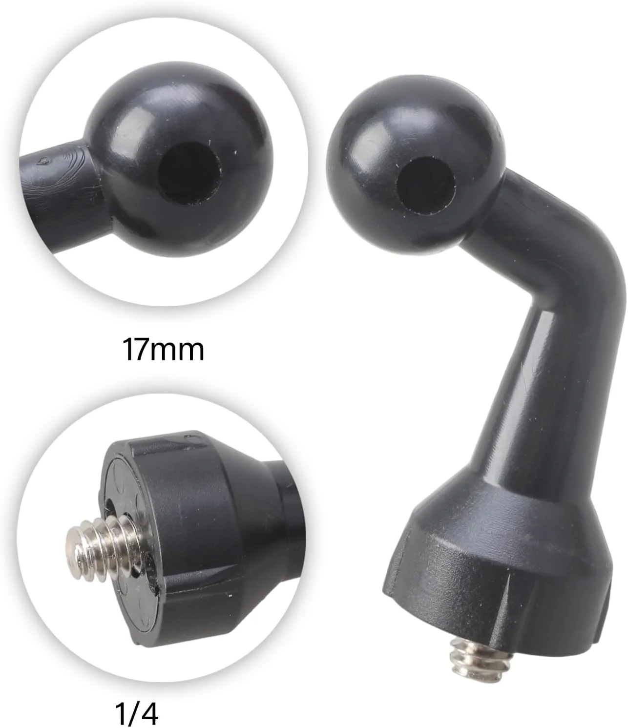 آداپتور زانویی توپی 17 میلیمتری یونیورسال با پیچ نری 1/4 برای اتصال گوشی هوشمند، تبلت، پایه خودرو، و لوازم جانبی عکاسی آداپتور زانویی توپی 17 میلیمتری یونیورسال با پیچ نری 1/4 برای اتصال گوشی هوشمند، تبلت، پایه خودرو، و لوازم جانبی عکاسی