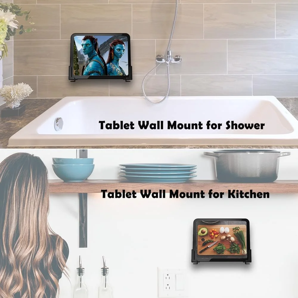 نگهدارنده دیواری تلفن برای تبلت، آیفون، اندروید، نگهدارنده تلفن حمام سازگار با آیپد، کیندل، دو شیار برای تنظیم زاویه، ثابت شده توسط چسب یا پیچ (مشکی)