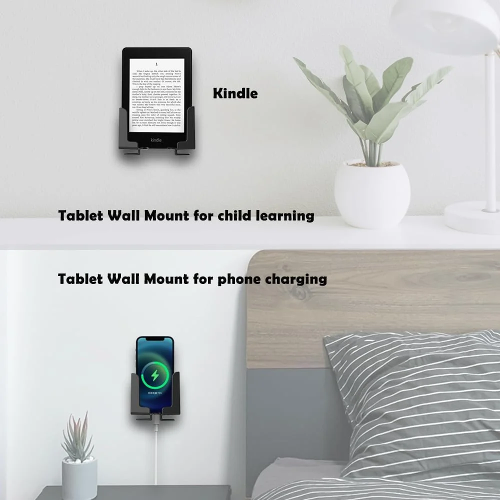 نگهدارنده دیواری تلفن برای تبلت، آیفون، اندروید، نگهدارنده تلفن حمام سازگار با آیپد، کیندل، دو شیار برای تنظیم زاویه، ثابت شده توسط چسب یا پیچ (مشکی)
