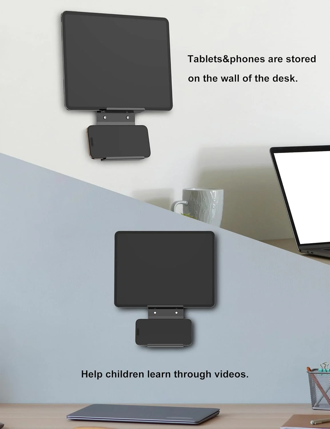 پایه دیواری برای آیپد/آیفون/تبلت، نگهدارنده دیواری تلفن همراه سازگار با کیندل/کتابخوان الکترونیکی/سامسونگ/هوآوی/شیائومی، پایه دیواری فلزی تبلت و تلفن ثابت شده با پیچ (مشکی)