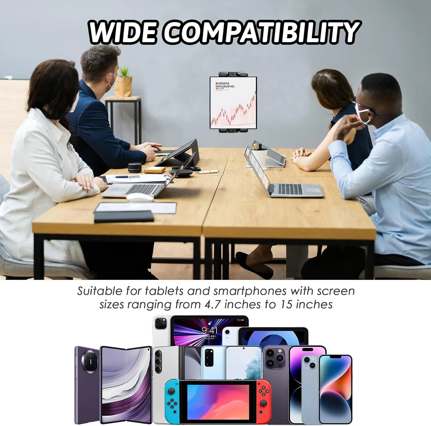 پایه دیواری تبلت یونیورسال با قابلیت تنظیم 360 درجه برای تلفن و لپ‌تاپ 4.7 تا 15 اینچی، سازگار با آیپد، آیفون، گلکسی تب، سوییچ، کیندل فایر HD، نصب با پیچ