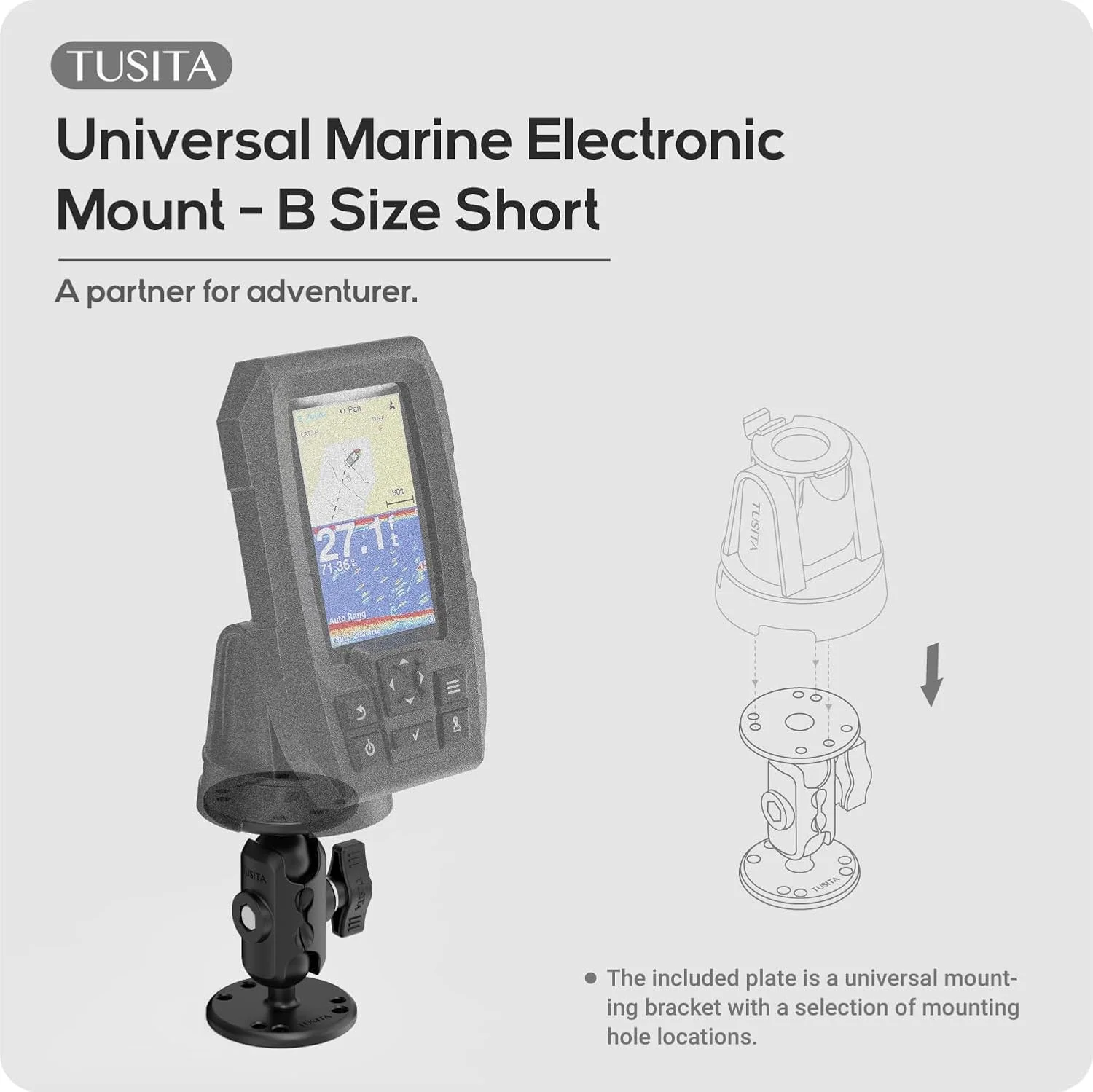 پایه توپی دوتایی یونیورسال TUSITA با دو صفحه گرد AMPS، بازوی دوتایی سایز B - کوتاه برای نصب با دریل