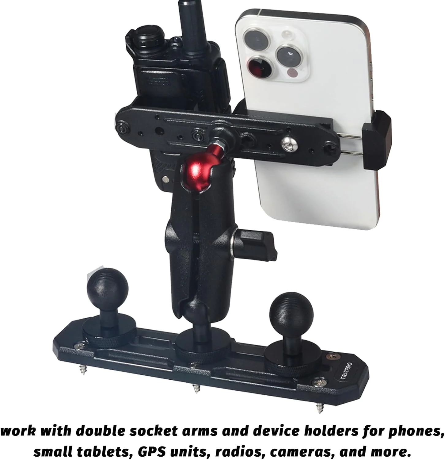 پایه ریلی داشبورد TWAYRDIO با 3 عدد توپ ریلی 1 اینچی سازگار با بازوی دوتایی RAM Mounts برای تلفن، تبلت کوچک، GPS، رادیو، دوربین