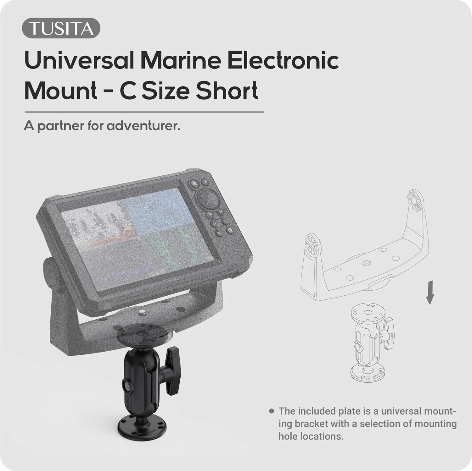 پایه توپی دوتایی یونیورسال TUSITA 1.5 اینچی با دو صفحه گرد AMPS، بازوی دوتایی سایز C - کوتاه برای نصب با دریل