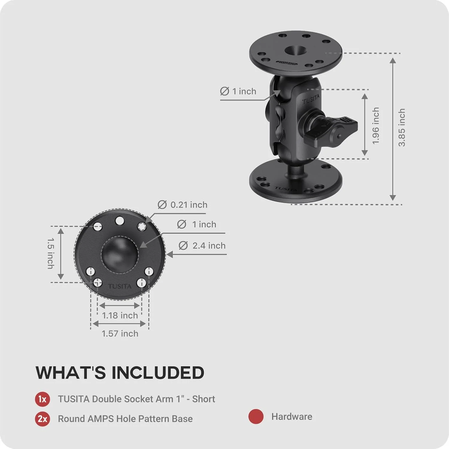 پایه توپی دوتایی یونیورسال TUSITA با دو صفحه گرد AMPS، بازوی دوتایی سایز B - کوتاه برای نصب با دریل