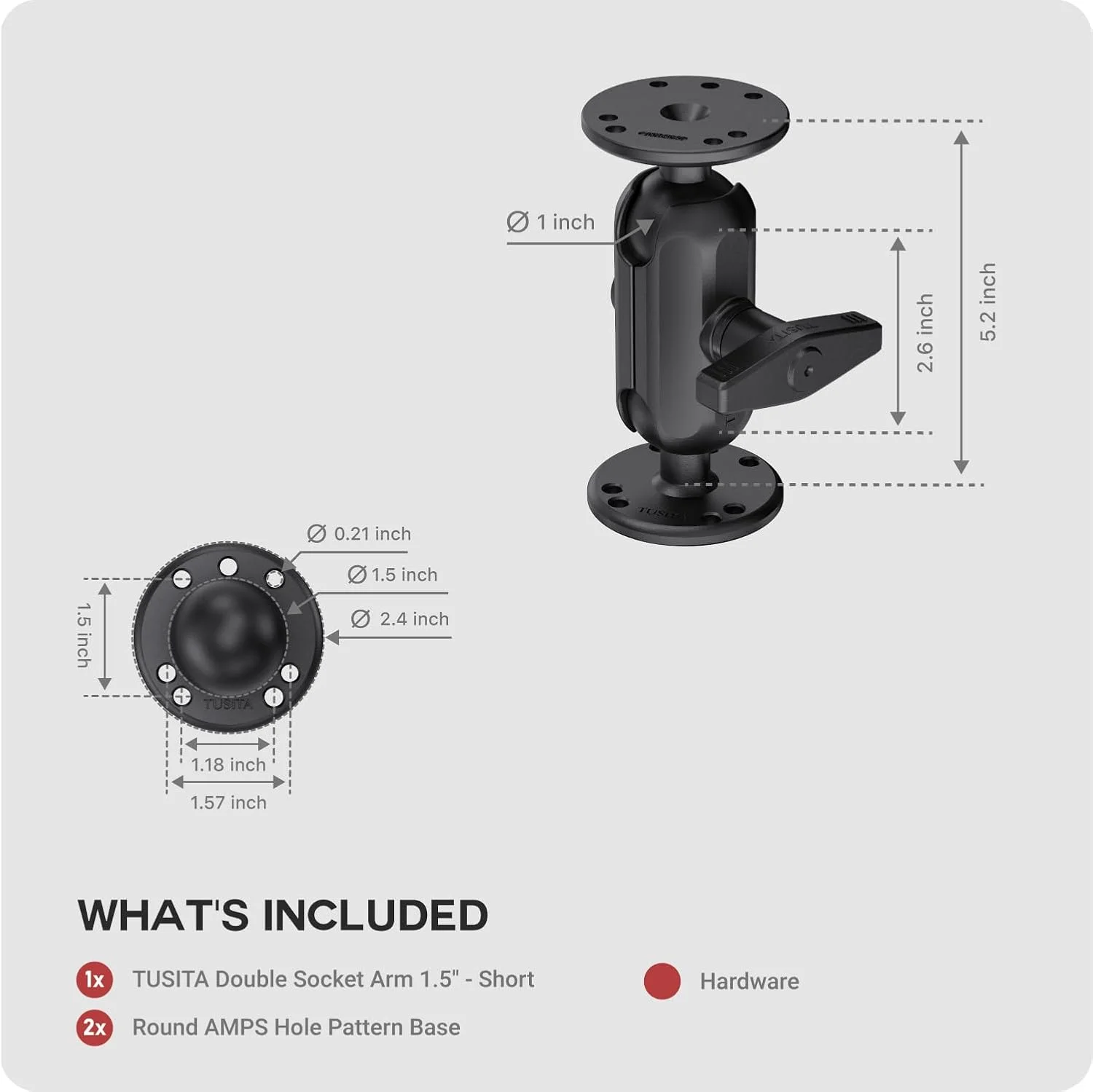 پایه توپی دوتایی یونیورسال TUSITA 1.5 اینچی با دو صفحه گرد AMPS، بازوی دوتایی سایز C - کوتاه برای نصب با دریل