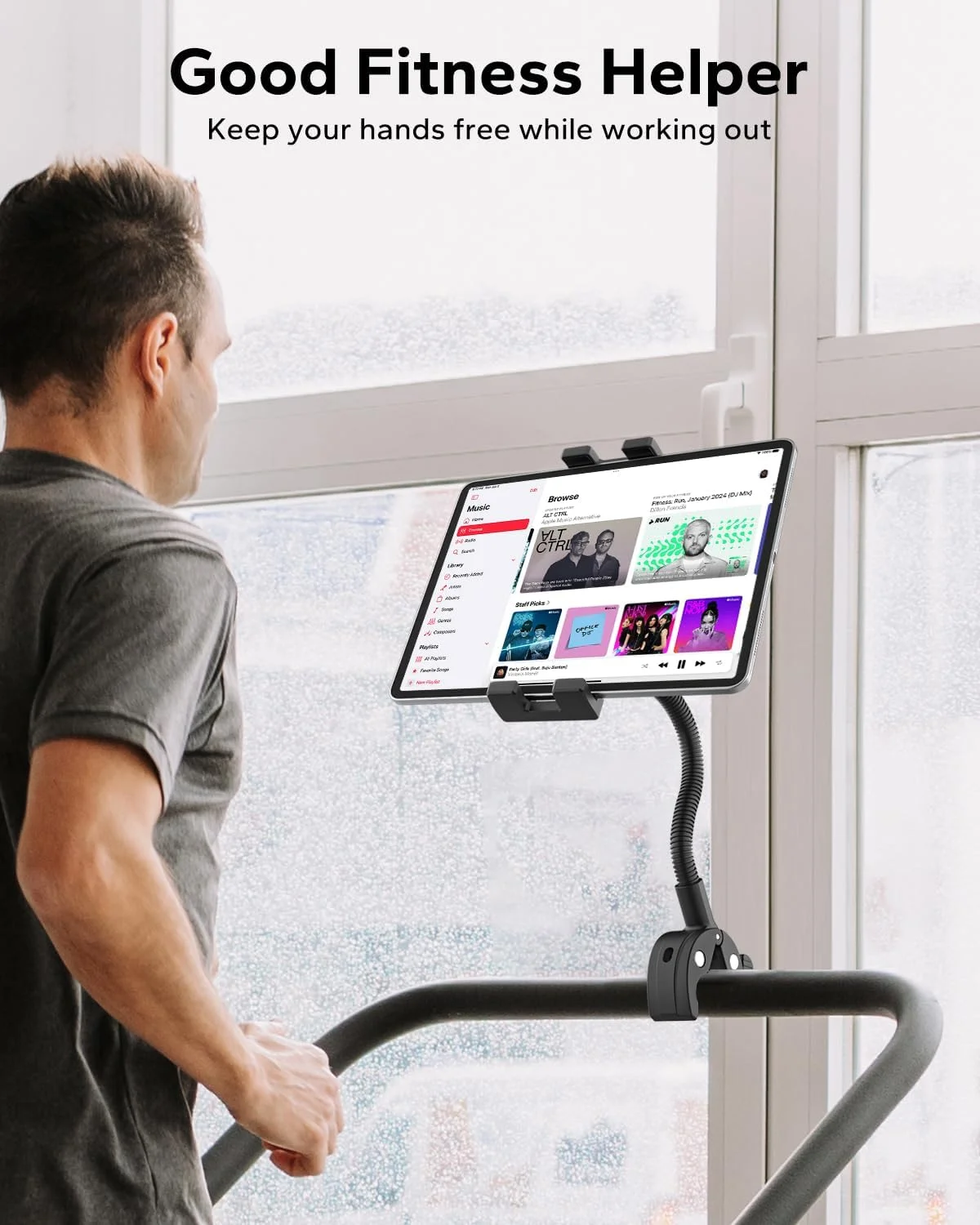 نگهدارنده تبلت تردمیل، پایه تبلت گردنی برای دوچرخه، گیره آیپد فرمان برای دوچرخه ثابت، ویلچر، کالسکه، دوچرخه باشگاه، سازگار با آیپد پرو، تبلت های گلکسی، آیفون، دستگاه های 4.7-13 اینچی