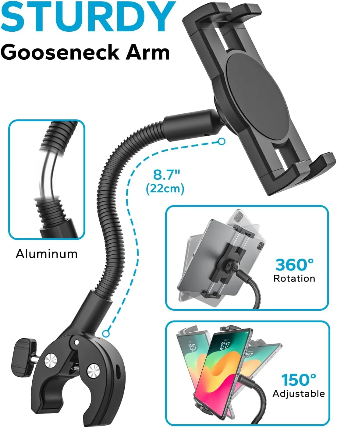 نگهدارنده تبلت تردمیل، پایه تبلت گردنی برای دوچرخه، گیره آیپد فرمان برای دوچرخه ثابت، ویلچر، کالسکه، دوچرخه باشگاه، سازگار با آیپد پرو، تبلت های گلکسی، آیفون، دستگاه های 4.7-13 اینچی
