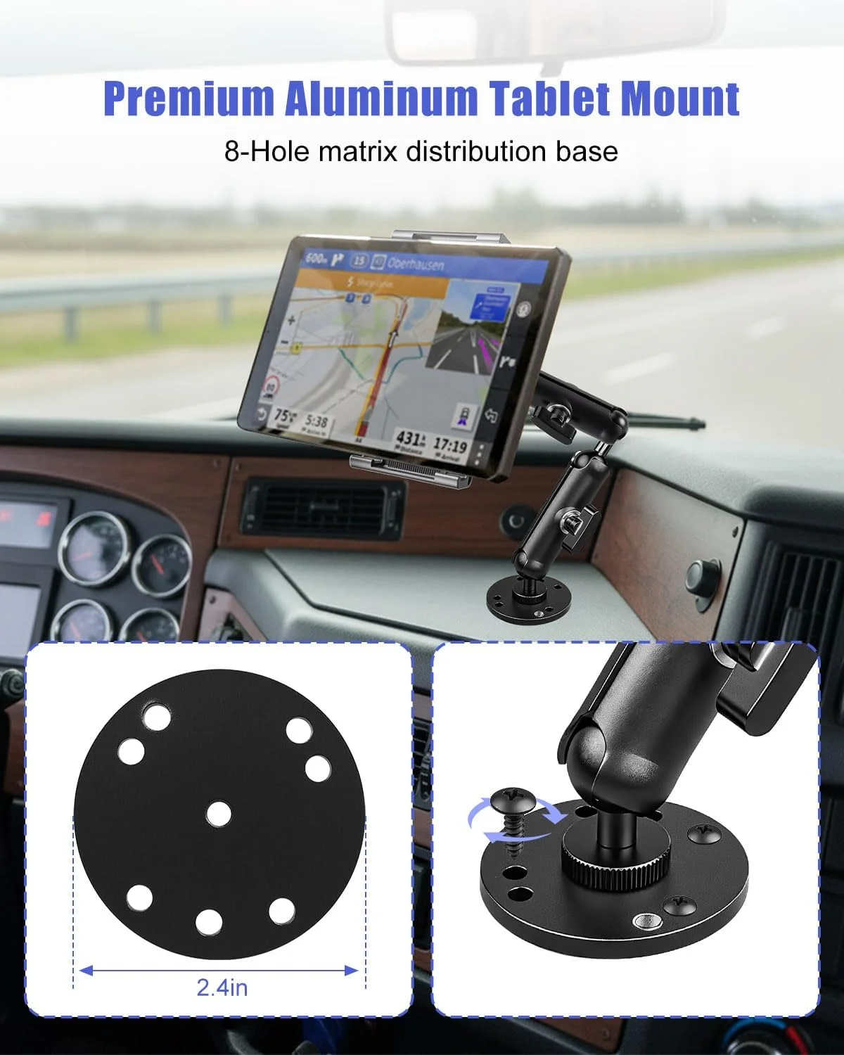 پایه تبلت آلومینیومی صنعتی با بازوی دوگانه، نگهدارنده قابل تنظیم 360 درجه برای دستگاه های 6-13 اینچی، پایه چند سوراخه برای نصب روی کامیون، قایق، دیوار و میز