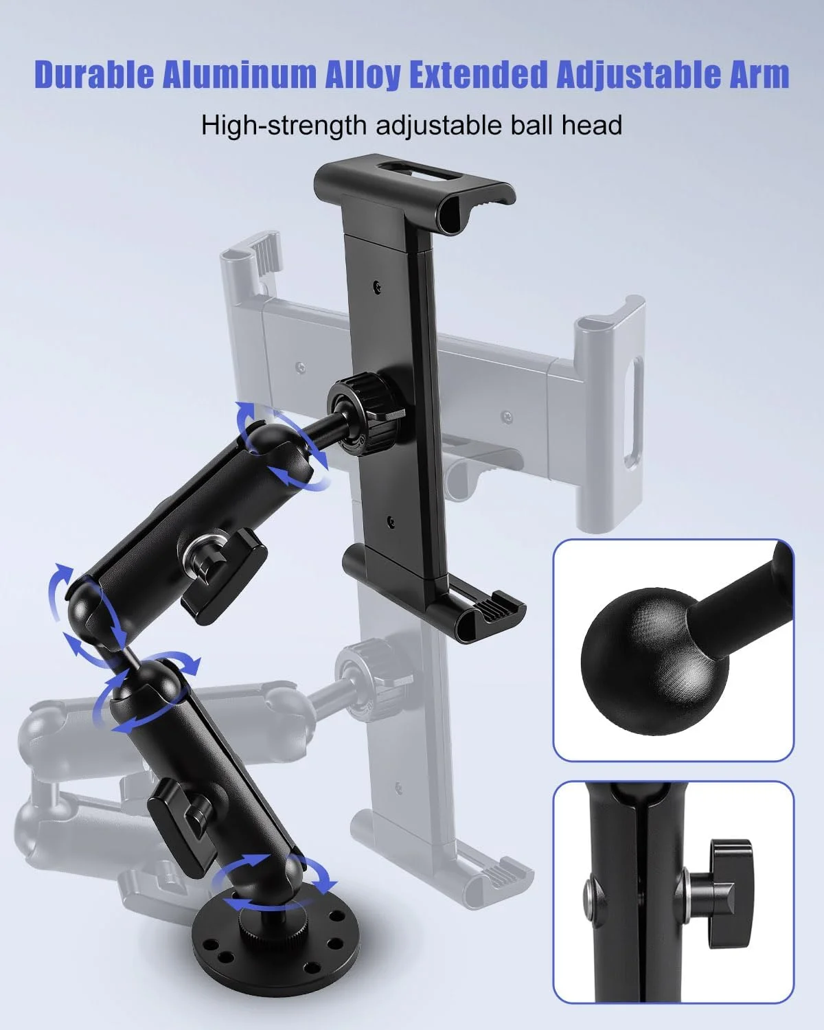 پایه تبلت آلومینیومی صنعتی با بازوی دوگانه، نگهدارنده قابل تنظیم 360 درجه برای دستگاه های 6-13 اینچی، پایه چند سوراخه برای نصب روی کامیون، قایق، دیوار و میز