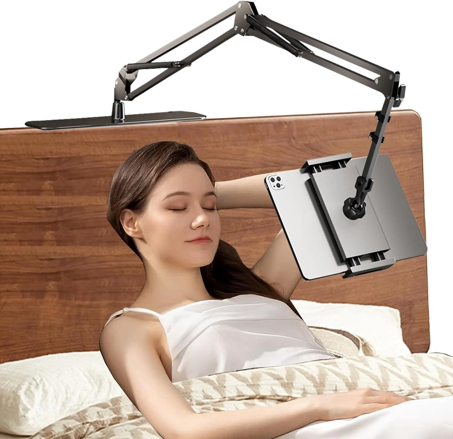 پایه نگهدارنده تبلت برای تخت، پایه نگهدارنده جهانی گوشی و آیپد ساخته شده از آلیاژ با پایه بدون گیره، بازوی فلزی قابل تنظیم و مقاوم با چرخش 360 درجه برای دستگاه های 4-15 اینچی