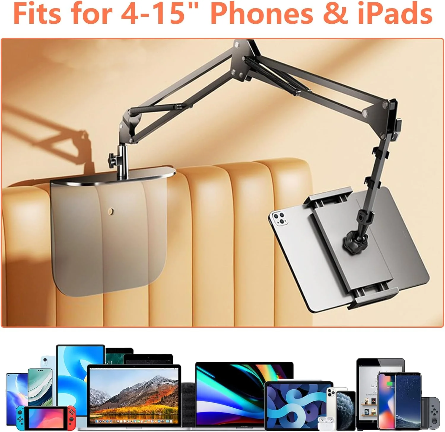 پایه نگهدارنده تبلت برای تخت، پایه نگهدارنده جهانی گوشی و آیپد ساخته شده از آلیاژ با پایه بدون گیره، بازوی فلزی قابل تنظیم و مقاوم با چرخش 360 درجه برای دستگاه های 4-15 اینچی پایه نگهدارنده تبلت برای تخت، پایه نگهدارنده جهانی گوشی و آیپد ساخته شده از آلیاژ با پایه بدون گیره، بازوی فلزی قابل تنظیم و مقاوم با چرخش 360 درجه برای دستگاه های 4-15 اینچی