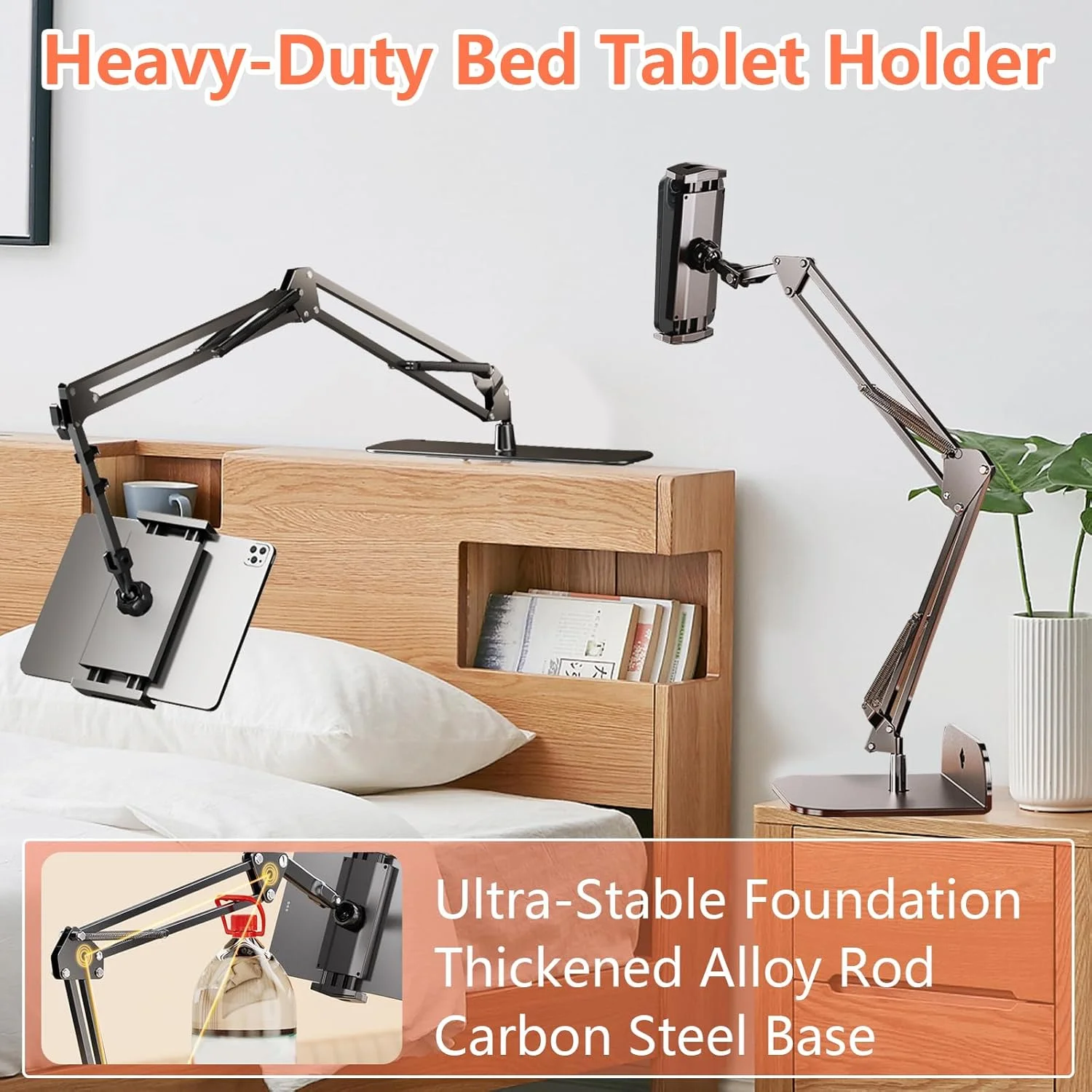 پایه نگهدارنده تبلت برای تخت، پایه نگهدارنده جهانی گوشی و آیپد ساخته شده از آلیاژ با پایه بدون گیره، بازوی فلزی قابل تنظیم و مقاوم با چرخش 360 درجه برای دستگاه های 4-15 اینچی پایه نگهدارنده تبلت برای تخت، پایه نگهدارنده جهانی گوشی و آیپد ساخته شده از آلیاژ با پایه بدون گیره، بازوی فلزی قابل تنظیم و مقاوم با چرخش 360 درجه برای دستگاه های 4-15 اینچی