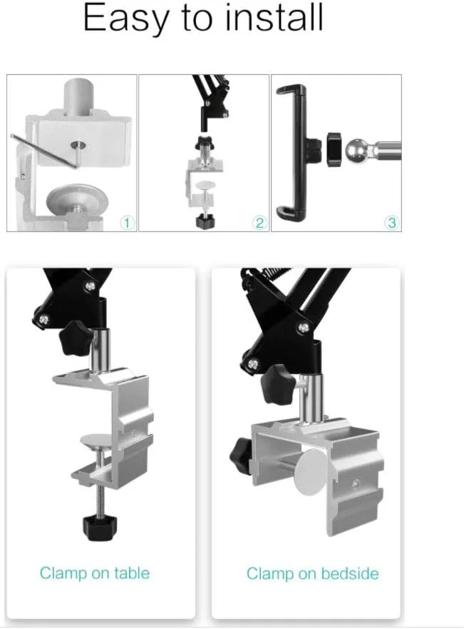 پایه نگهدارنده موبایل و تبلت بازویی بلند Techno mounts، گیره تلفن همراه برای میز و کنار تخت، پایه چرخش 360 درجه انعطاف پذیر برای تلفن های 4 تا 11 اینچی (مشکی)
