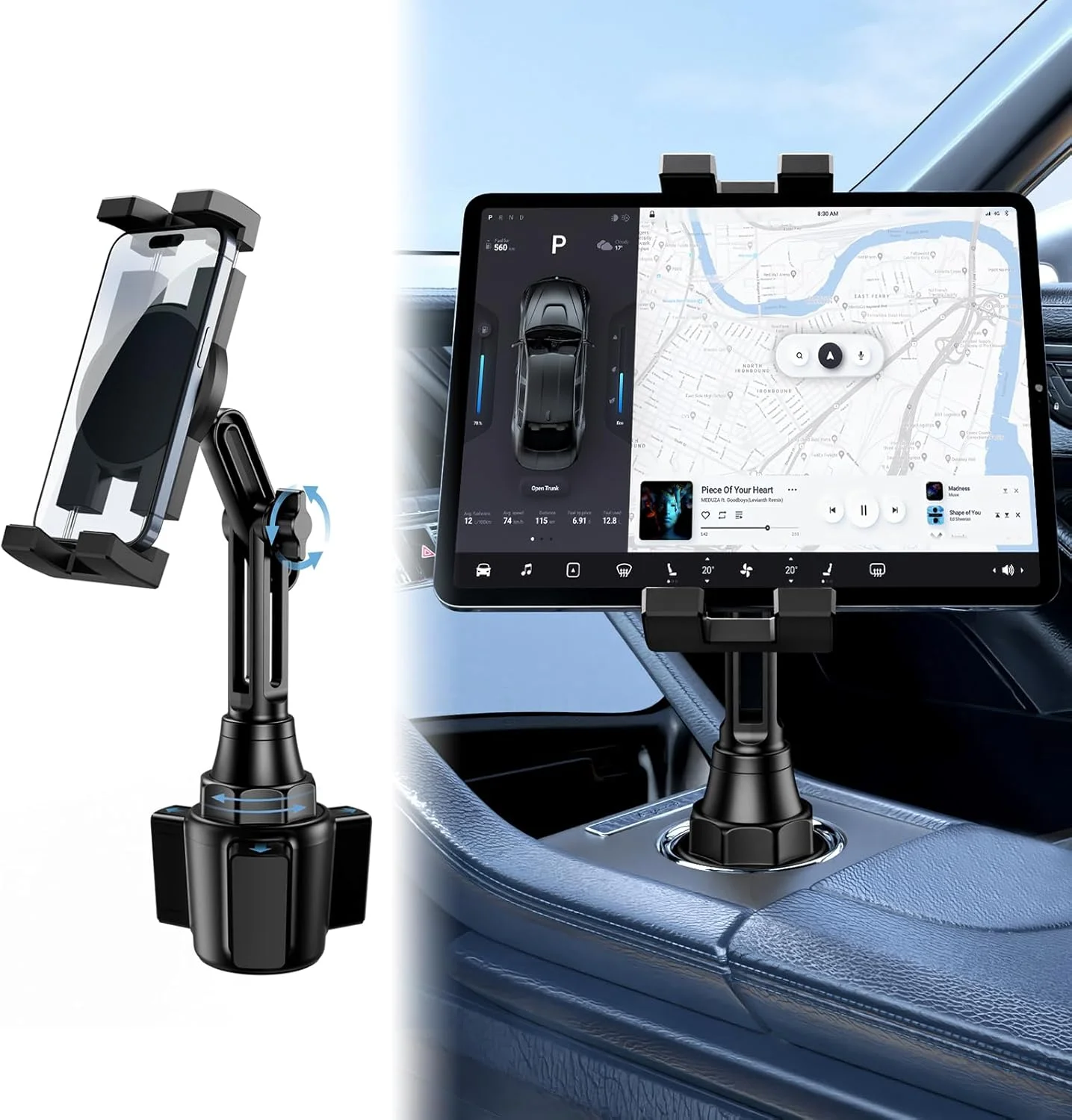 نگهدارنده تبلت برای خودرو، پایه نگهدارنده تبلت لیوانی خودرو برای آیپد، گیره عمیق 1.38 و پایه قابل تنظیم ارتفاع 14.5، چرخش 360 درجه، مناسب برای دستگاه های 4.7-12.9 اینچی آیپد پرو/ایر/مینی، گلکسی تب، سوییچ، آیفون 14/13/12