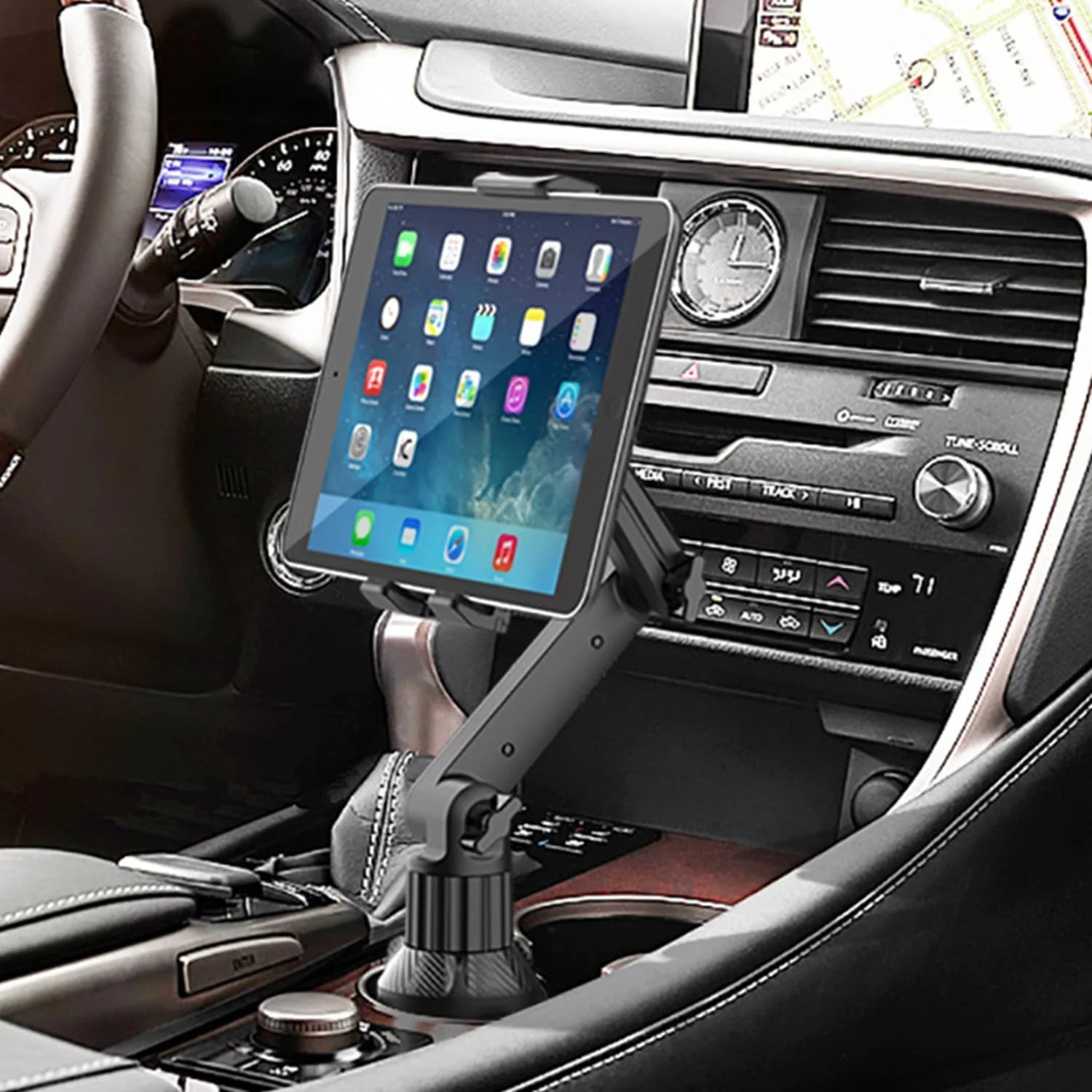 نگهدارنده تبلت برای خودرو، پایه نگهدارنده تبلت و آیپد داخل جا لیوانی خودرو، لوازم ضروری سفر جاده ای، قابل تنظیم برای تلفن همراه و آیپد 4 تا 13 اینچی