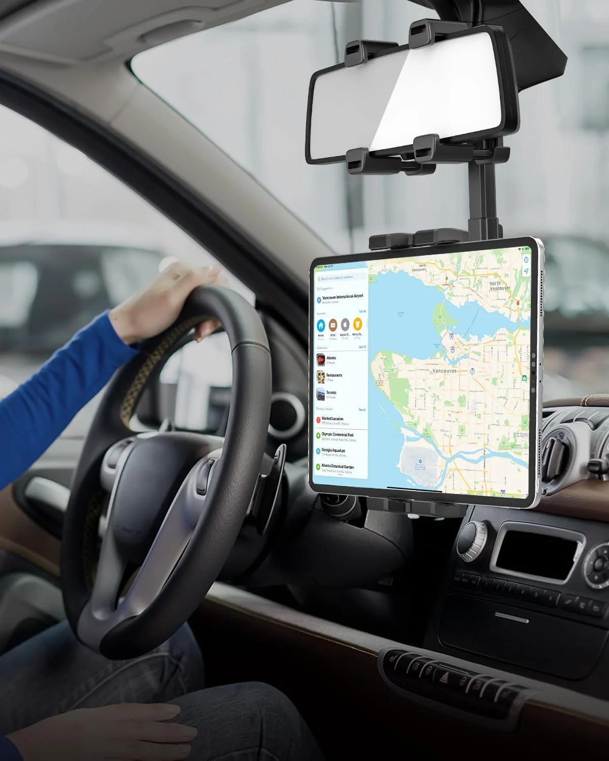 نگهدارنده تبلت برای آینه عقب خودرو - گیره پهن‌تر ارتقا یافته [مناسب برای آینه‌های بزرگ] پایه تبلت آینه عقب خودرو، چرخش 360 درجه و جمع شونده، برای آیپد پرو 12.9 ایر مینی، گلکسی، دستگاه 4-13 اینچی