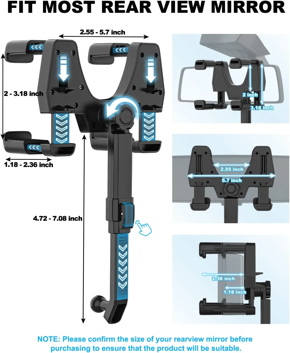 نگهدارنده تبلت برای آینه عقب خودرو - گیره پهن‌تر ارتقا یافته [مناسب برای آینه‌های بزرگ] پایه تبلت آینه عقب خودرو، چرخش 360 درجه و جمع شونده، برای آیپد پرو 12.9 ایر مینی، گلکسی، دستگاه 4-13 اینچی