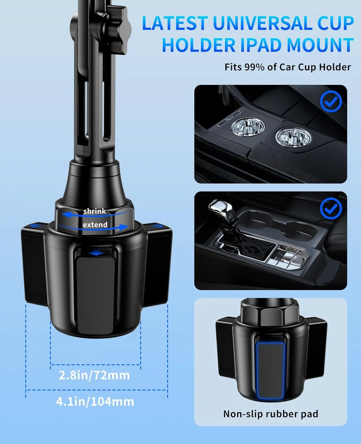 نگهدارنده تبلت برای خودرو، پایه نگهدارنده تبلت لیوانی خودرو برای آیپد، گیره عمیق 1.38 و پایه قابل تنظیم ارتفاع 14.5، چرخش 360 درجه، مناسب برای دستگاه های 4.7-12.9 اینچی آیپد پرو/ایر/مینی، گلکسی تب، سوییچ، آیفون 14/13/12