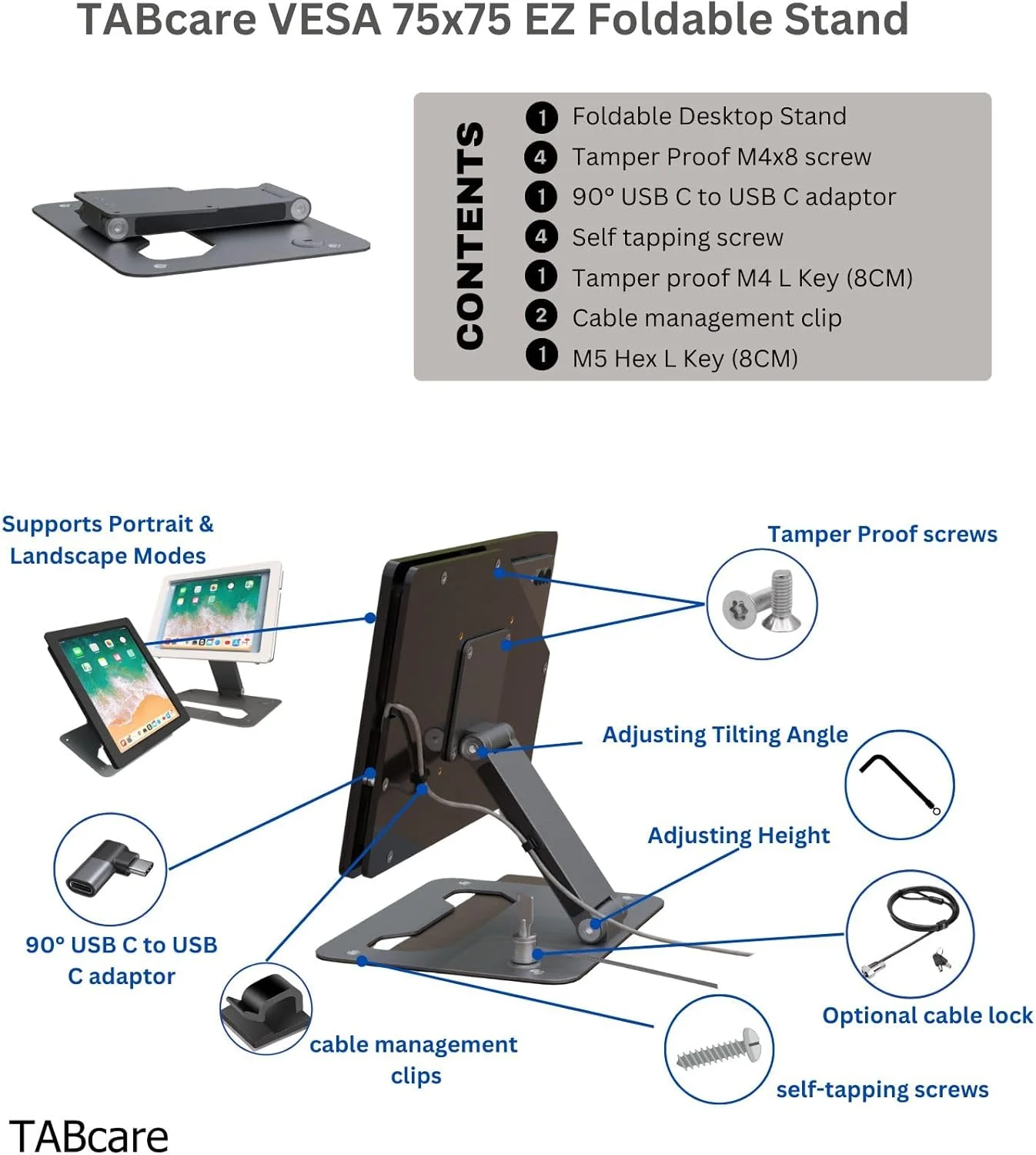 پایه رومیزی تاشو آلومینیومی TABcare با قابلیت چرخش 180 درجه به جلو و عقب، پشتیبانی از VESA 75x75mm