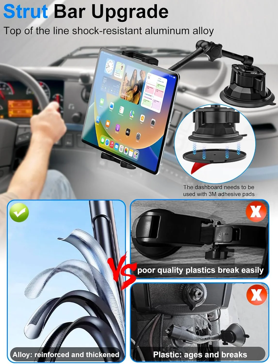 پایه نگهدارنده تبلت سانروف برای خودرو/کامیون [آخرین مدل ضد لرزش] پایه تبلت شیشه جلو داشبورد برای کامیون/خودرو/پیکاپ، پایه سانروف سنگین آیپد برای آیپد پرو ایر 4-12.9 اینچی، زد فولد، آیفون