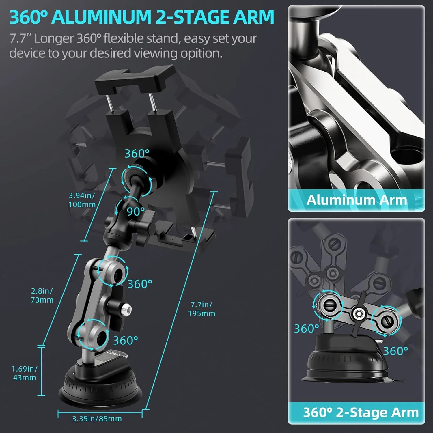 پایه نگهدارنده تبلت و گوشی برای کامیون، با مکنده فوق العاده قوی/پایه چسبی، قابل نصب روی دیوار، داشبورد آشپزخانه و شیشه جلو، دارای بازوی فلزی 360 درجه برای آیپد پرو/ایر/مینی/گلکسی تب/گوشی های 4.7 تا 12.9 اینچی