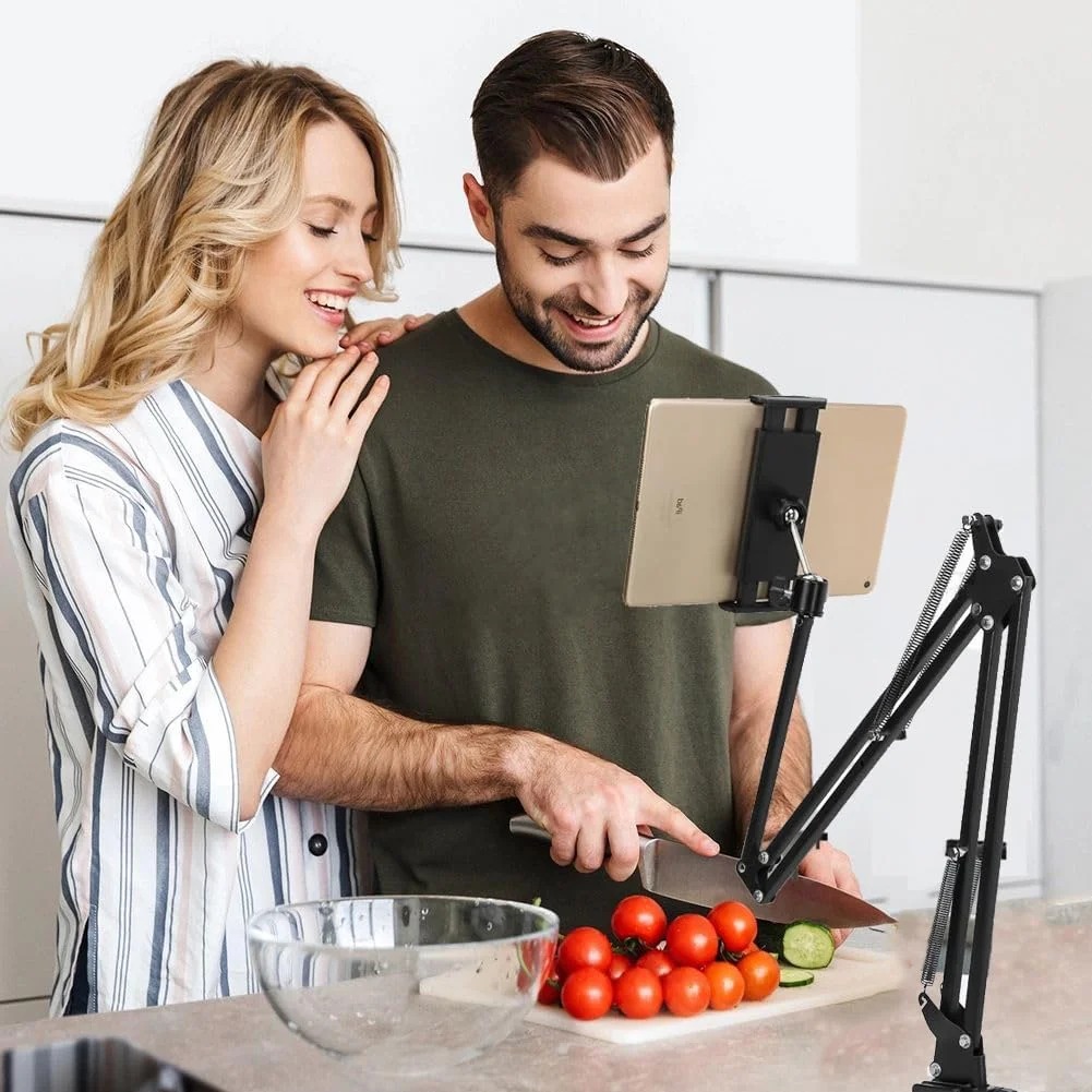 پایه نگهدارنده تبلت برای میز، پایه تبلت تاشو برای میز، گیره بازوی تبلت انعطاف پذیر سازگار با آیپد/آیفون 15/آیپد پرو/ان-سوییچ، کیندل فایر، یا سایر دستگاه های 4.5 تا 12.9 اینچی - مناسب برای مطالعه