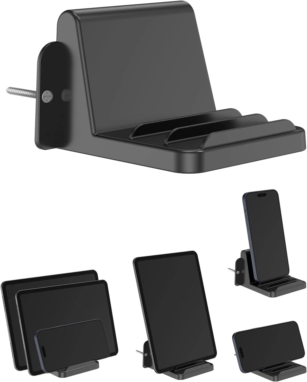 نگهدارنده دیواری گوشی برای گوشی های هوشمند و تبلت، سازگار با آیپد و کیندل، مناسب برای حمام، کنار تخت، آشپزخانه، دارای سه شیار برای تنظیم زاویه (مشکی)