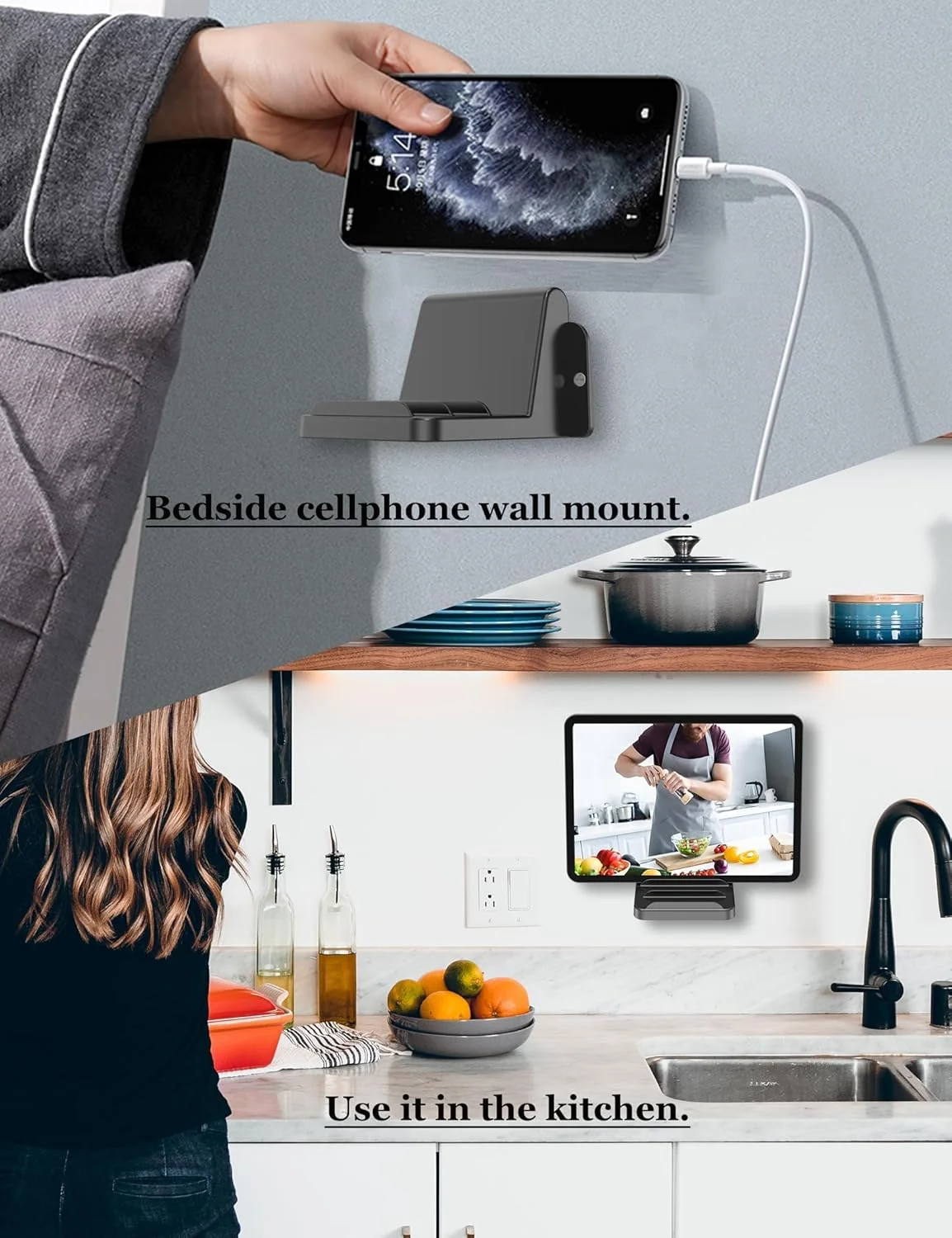 نگهدارنده دیواری گوشی برای گوشی های هوشمند و تبلت، سازگار با آیپد و کیندل، مناسب برای حمام، کنار تخت، آشپزخانه، دارای سه شیار برای تنظیم زاویه (مشکی)