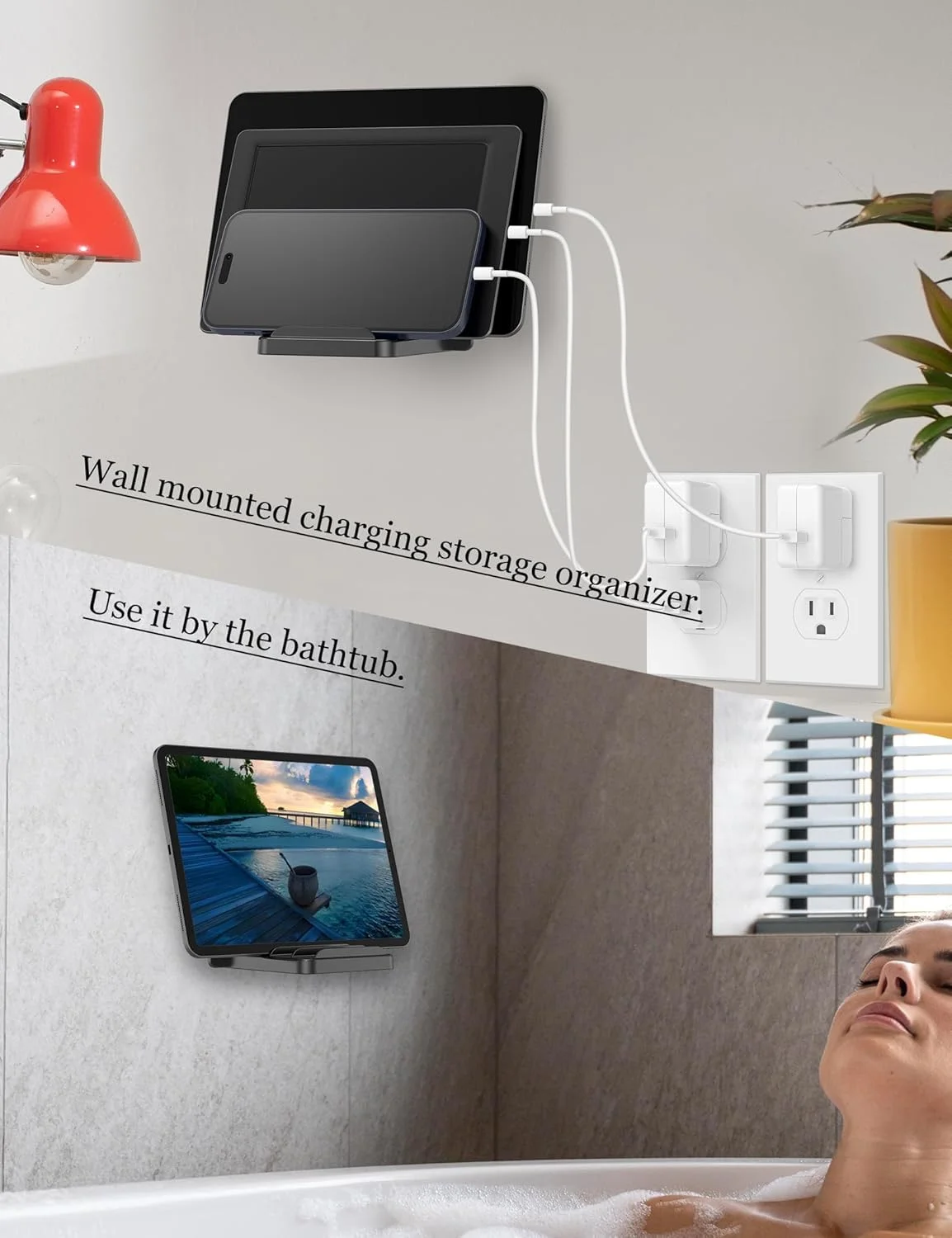 نگهدارنده دیواری گوشی برای گوشی های هوشمند و تبلت، سازگار با آیپد و کیندل، مناسب برای حمام، کنار تخت، آشپزخانه، دارای سه شیار برای تنظیم زاویه (مشکی)